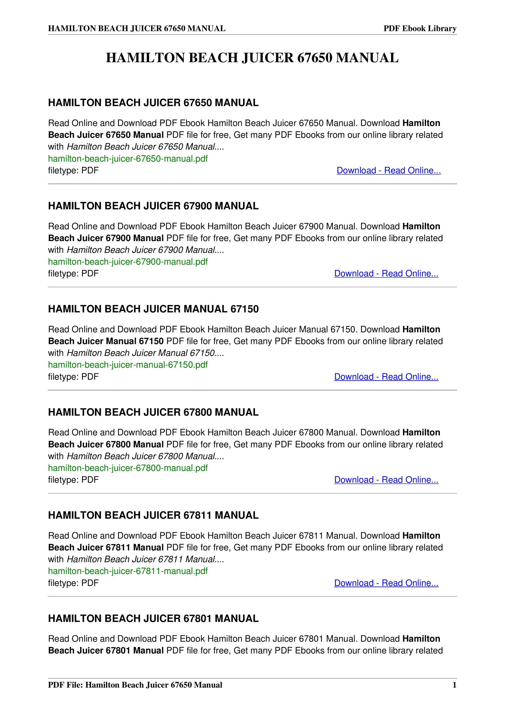 Hamilton Beach 67650 Juicer User Manual