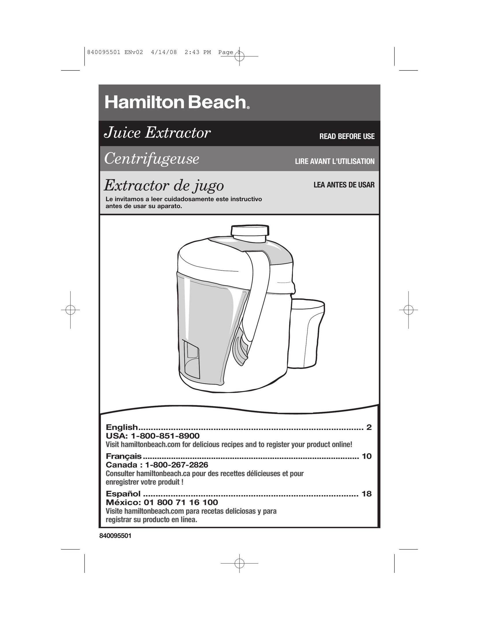 Hamilton Beach 840095501 Juicer User Manual