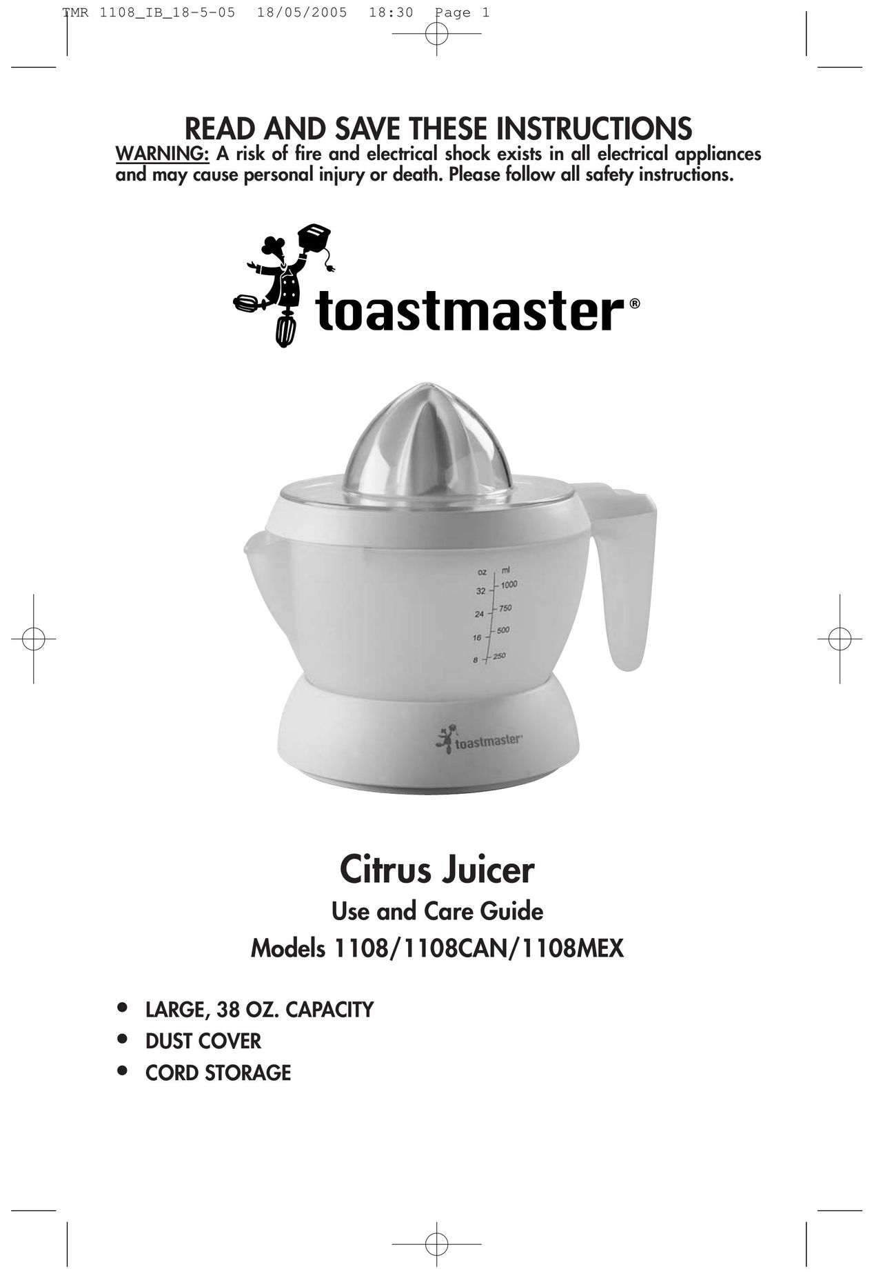 Toastmaster 1108CAN Juicer User Manual