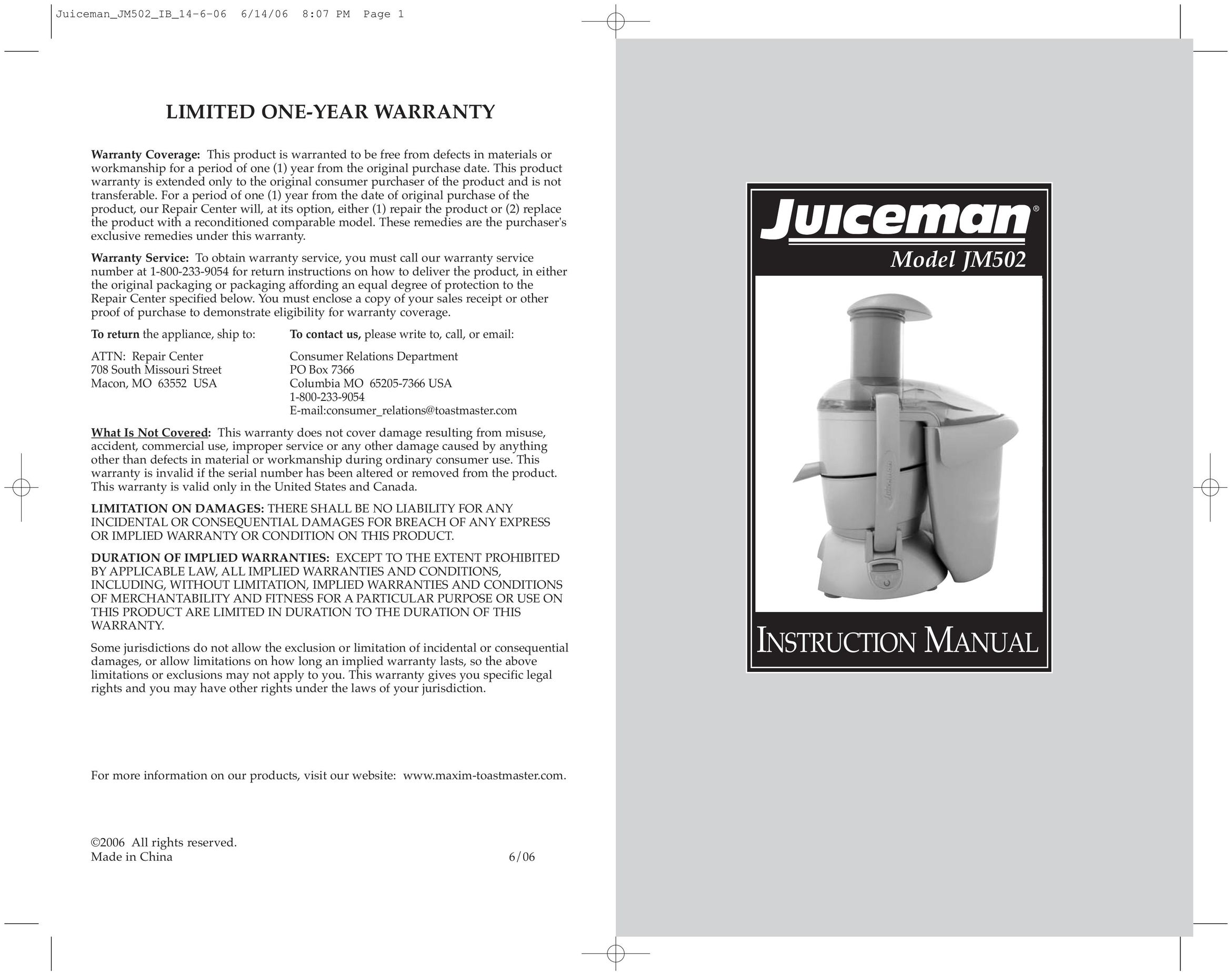 Toastmaster JM502 Juicer User Manual