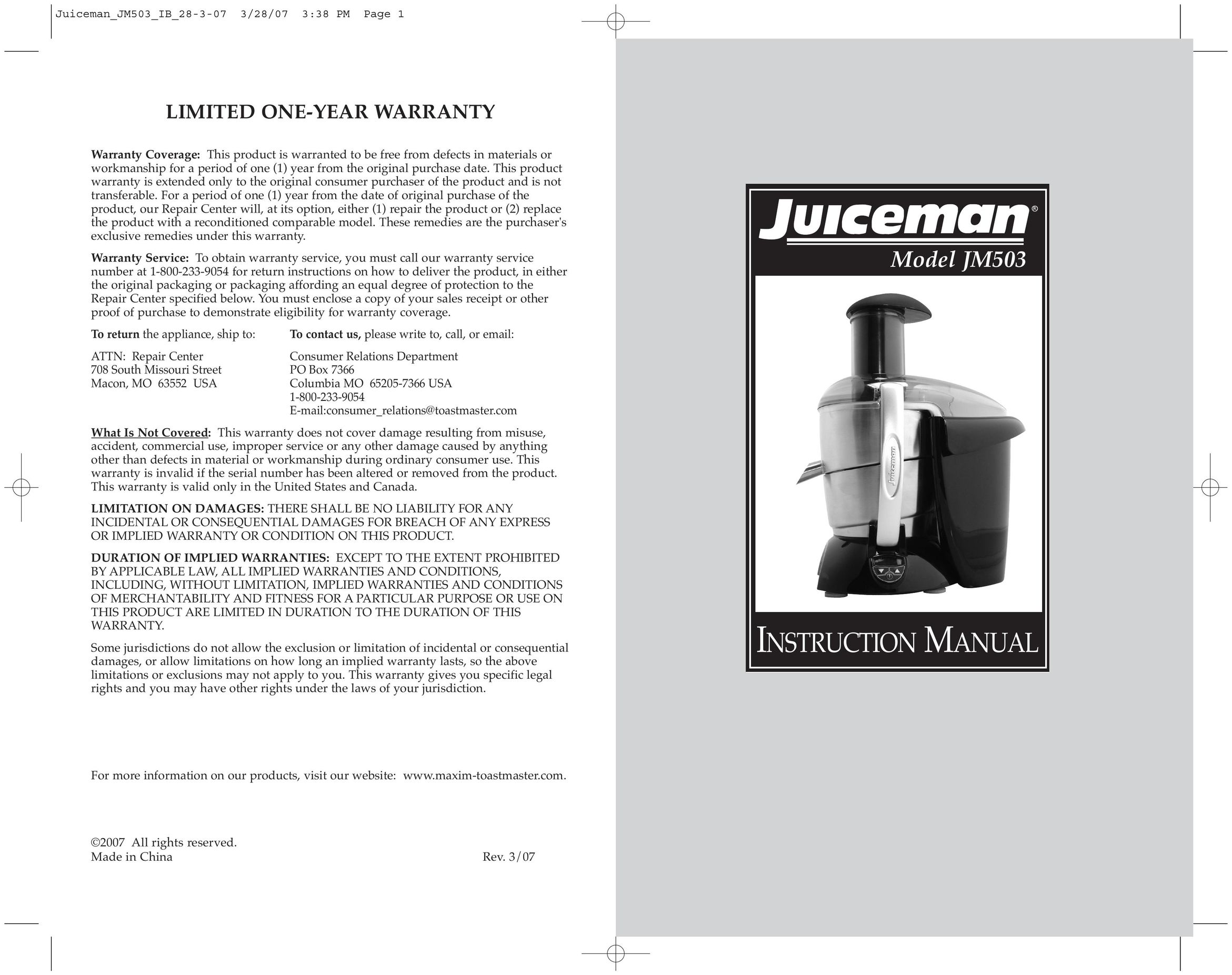 Toastmaster JM503 Juicer User Manual