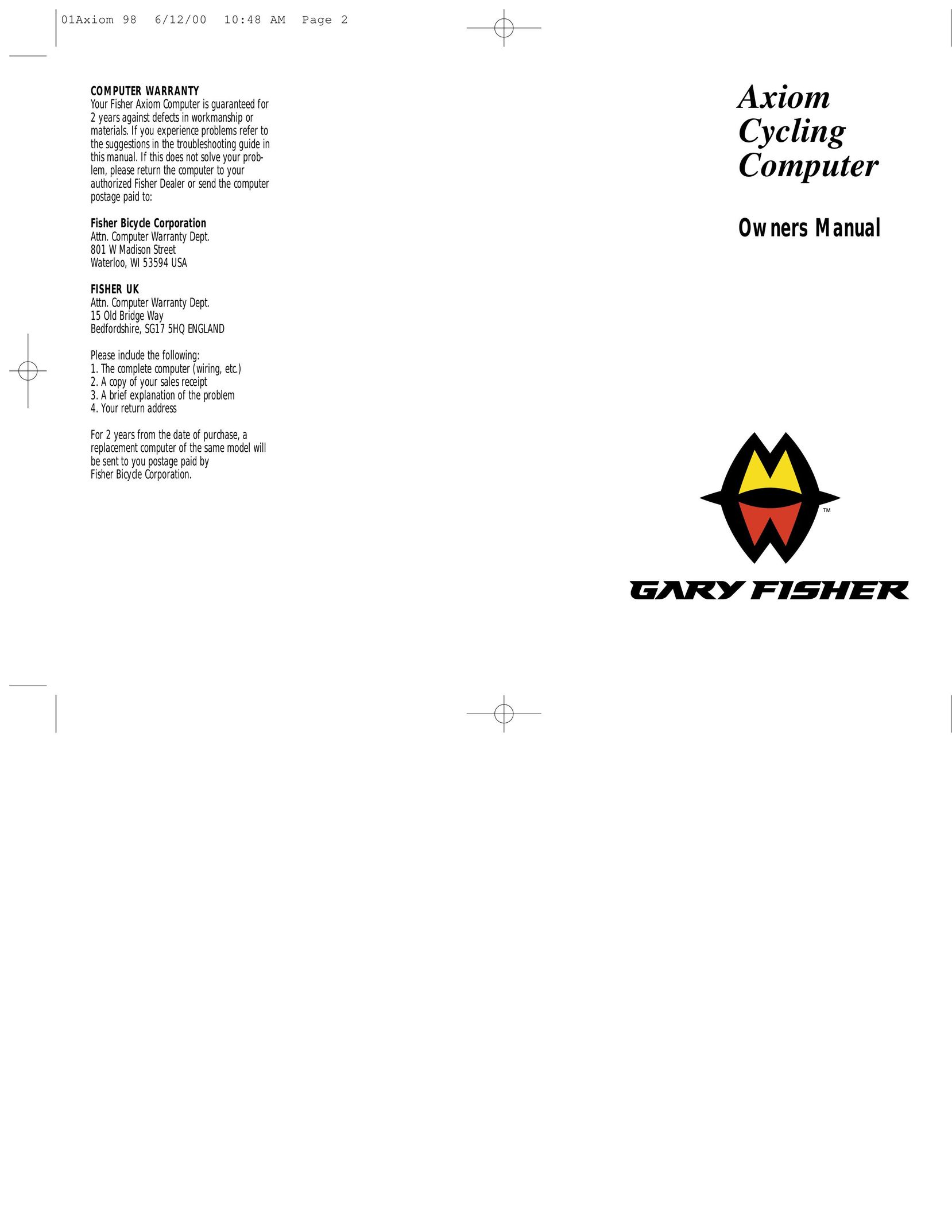 Gary Fisher Axiom Cycling Computer Kitchen Entertainment Center User Manual