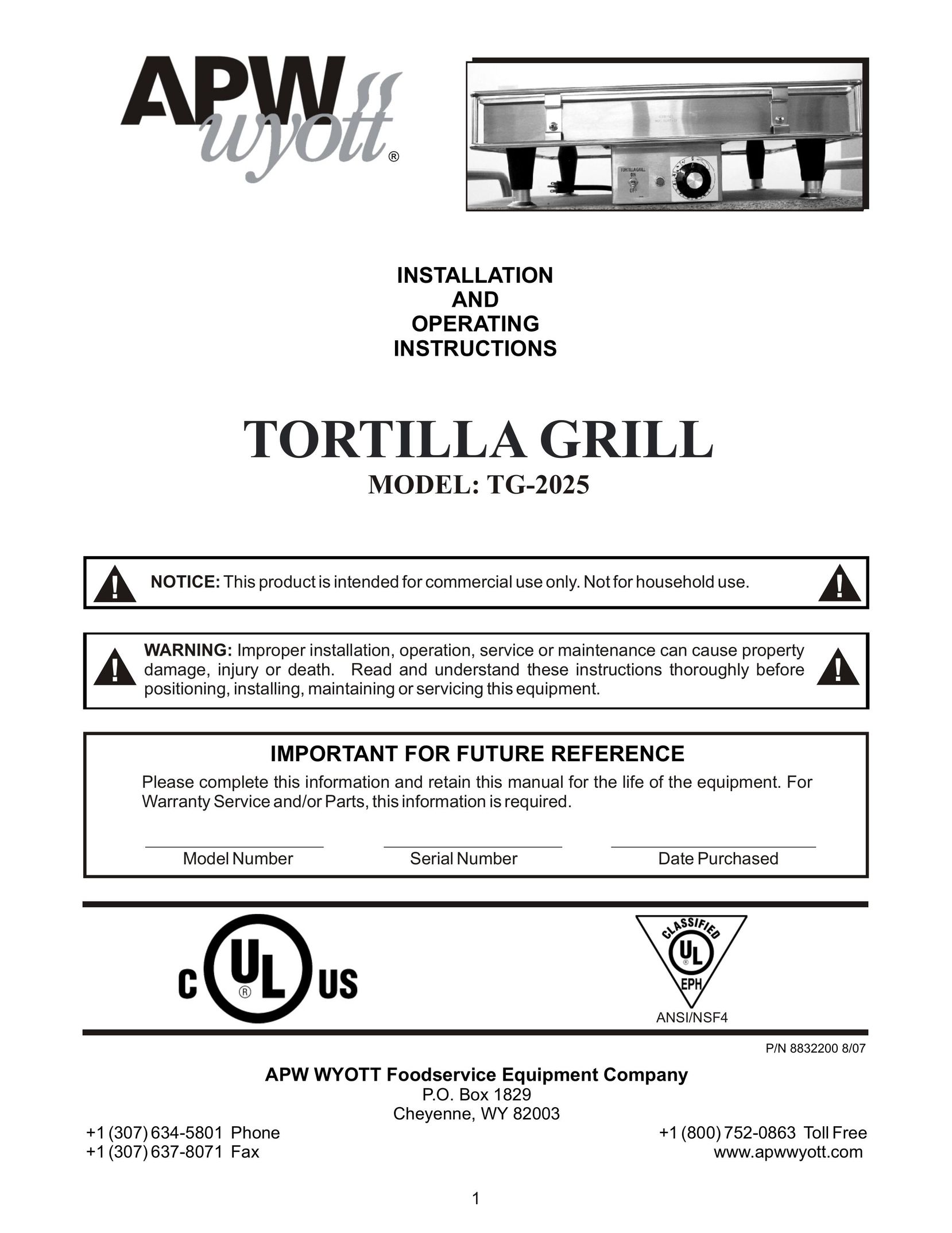 APW Wyott TG-2025 Kitchen Grill User Manual