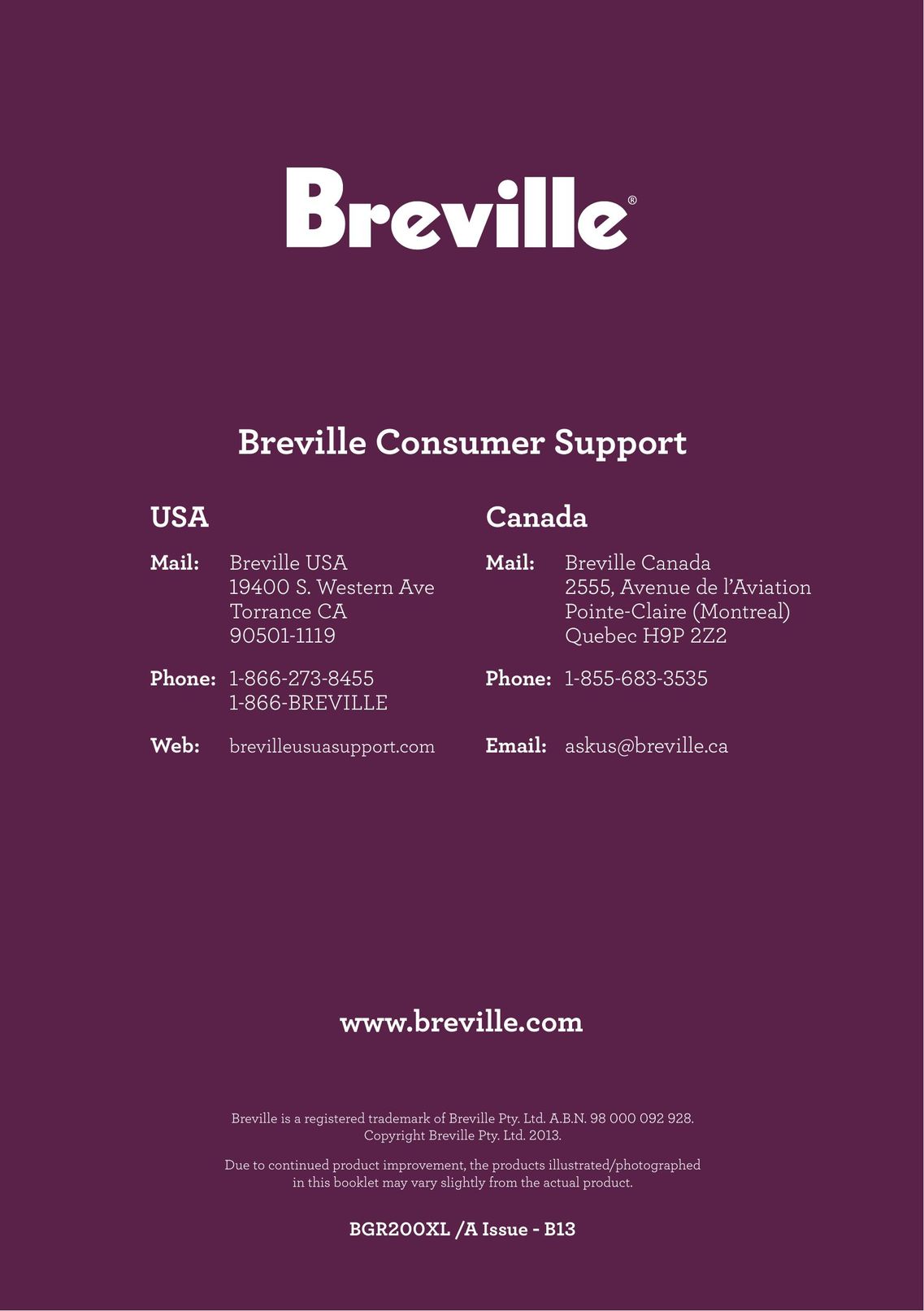 Breville BGR200XL /A Kitchen Grill User Manual