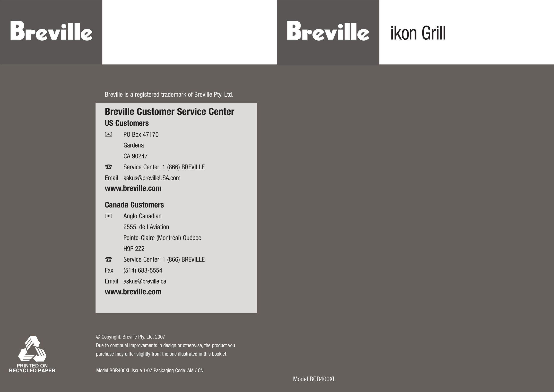 Breville BGR400XL Kitchen Grill User Manual