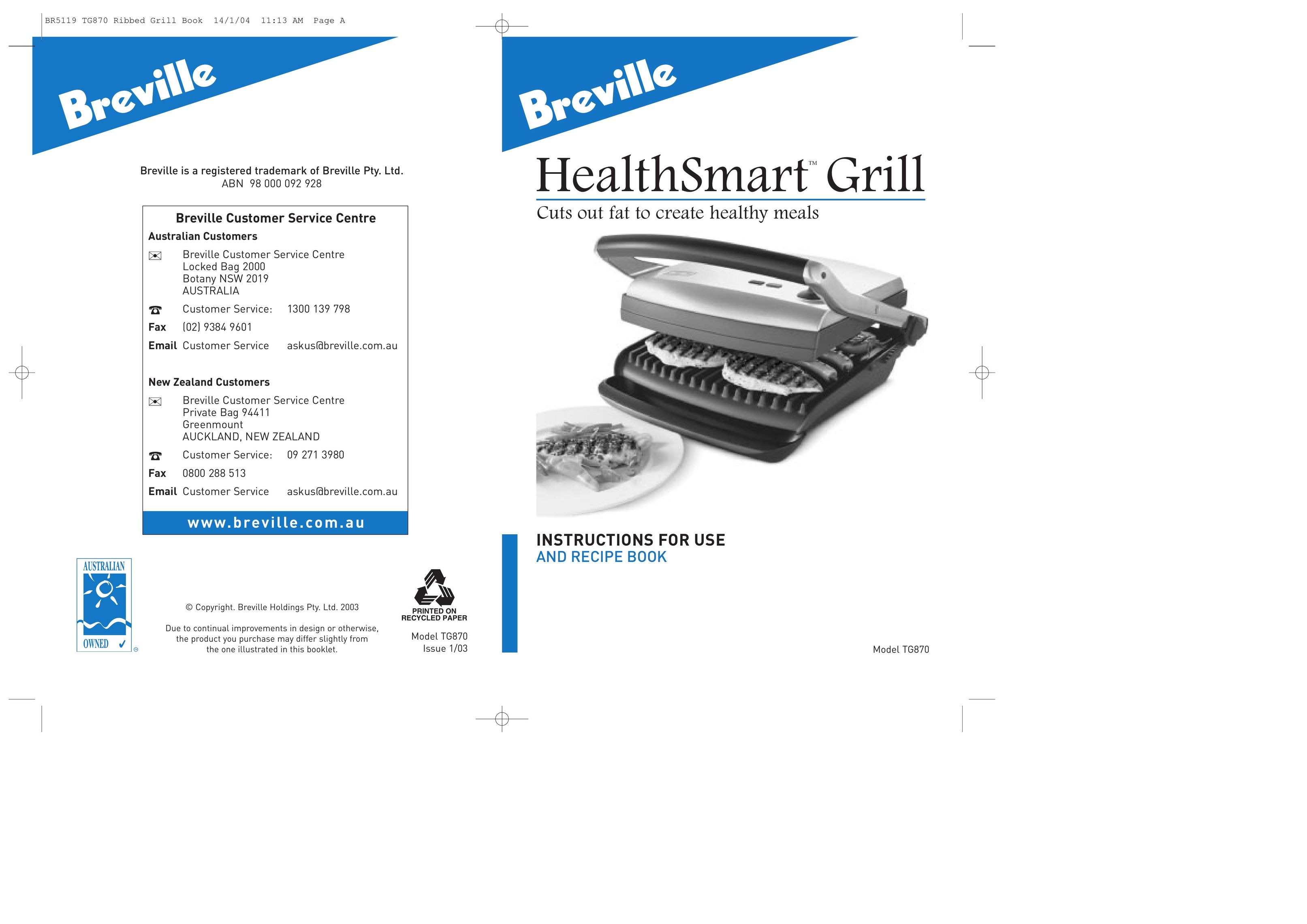 Breville TG870 Kitchen Grill User Manual