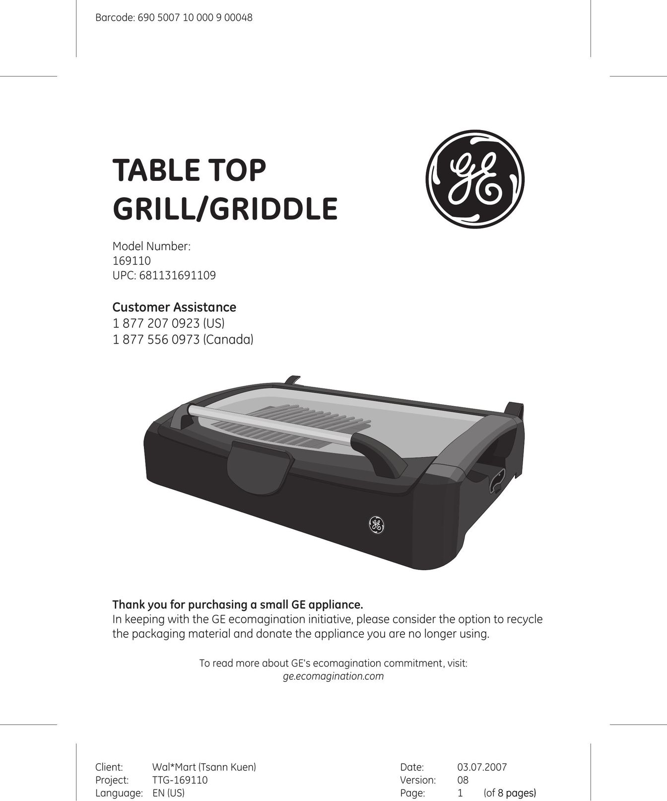 GE 169110 Kitchen Grill User Manual