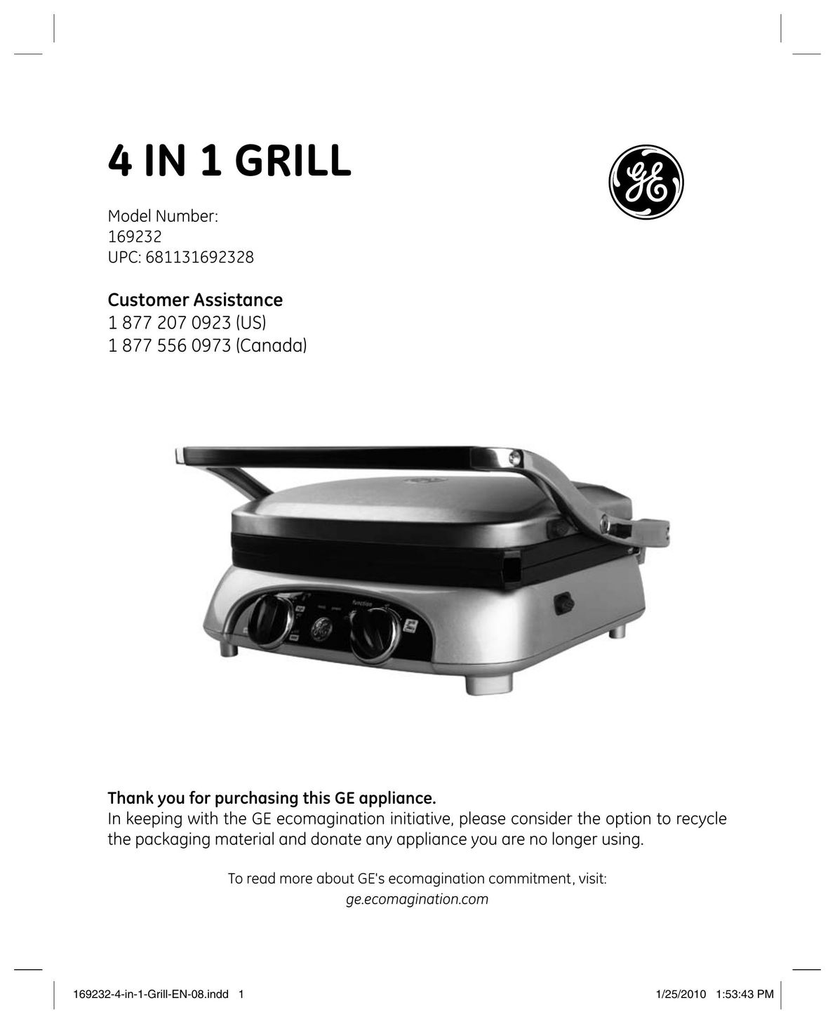 GE 169232 Kitchen Grill User Manual