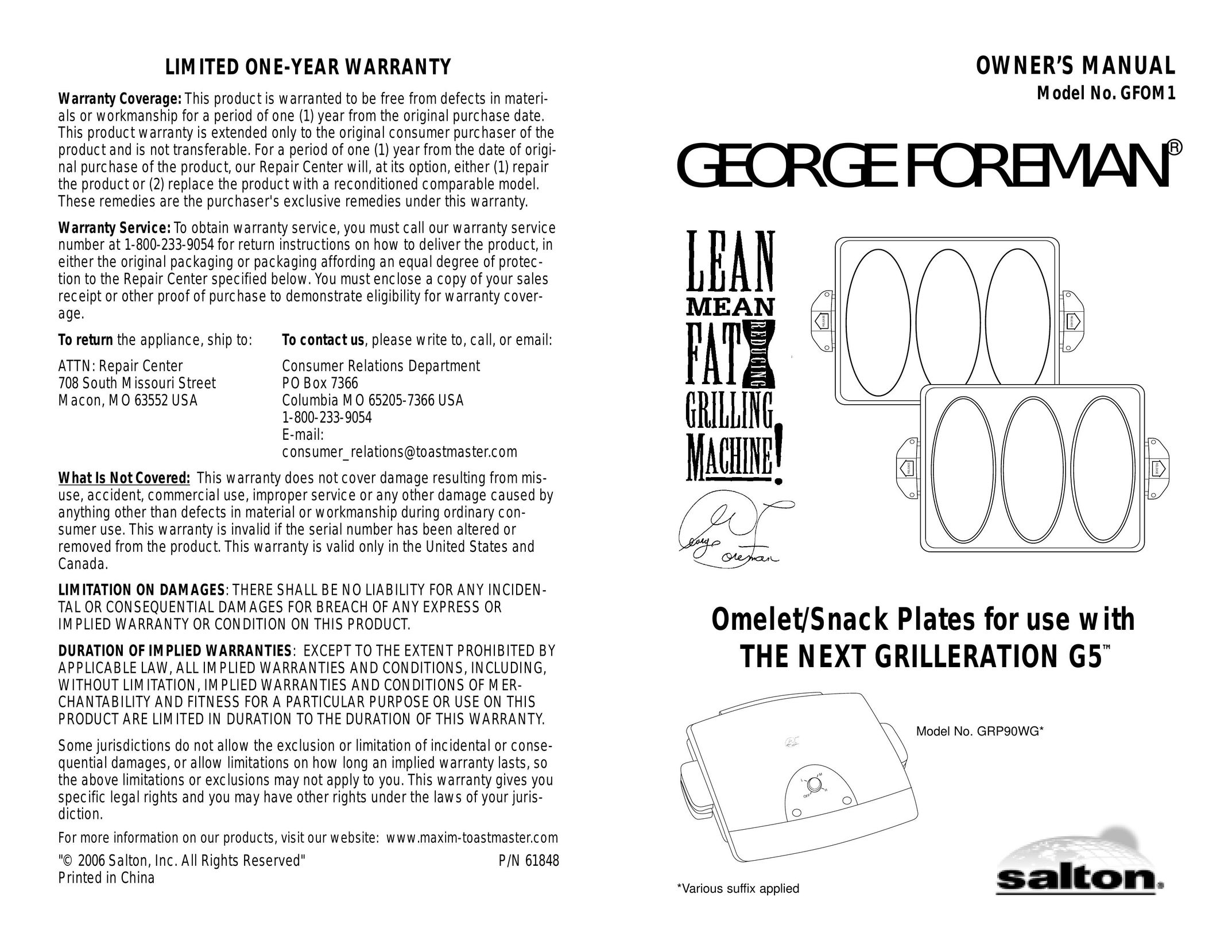 George Foreman GFOM1 Kitchen Grill User Manual