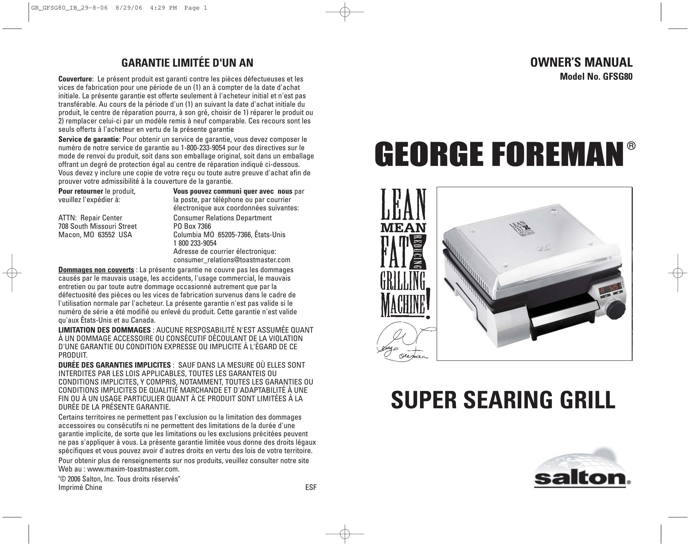 George Foreman GFSG80 Kitchen Grill User Manual