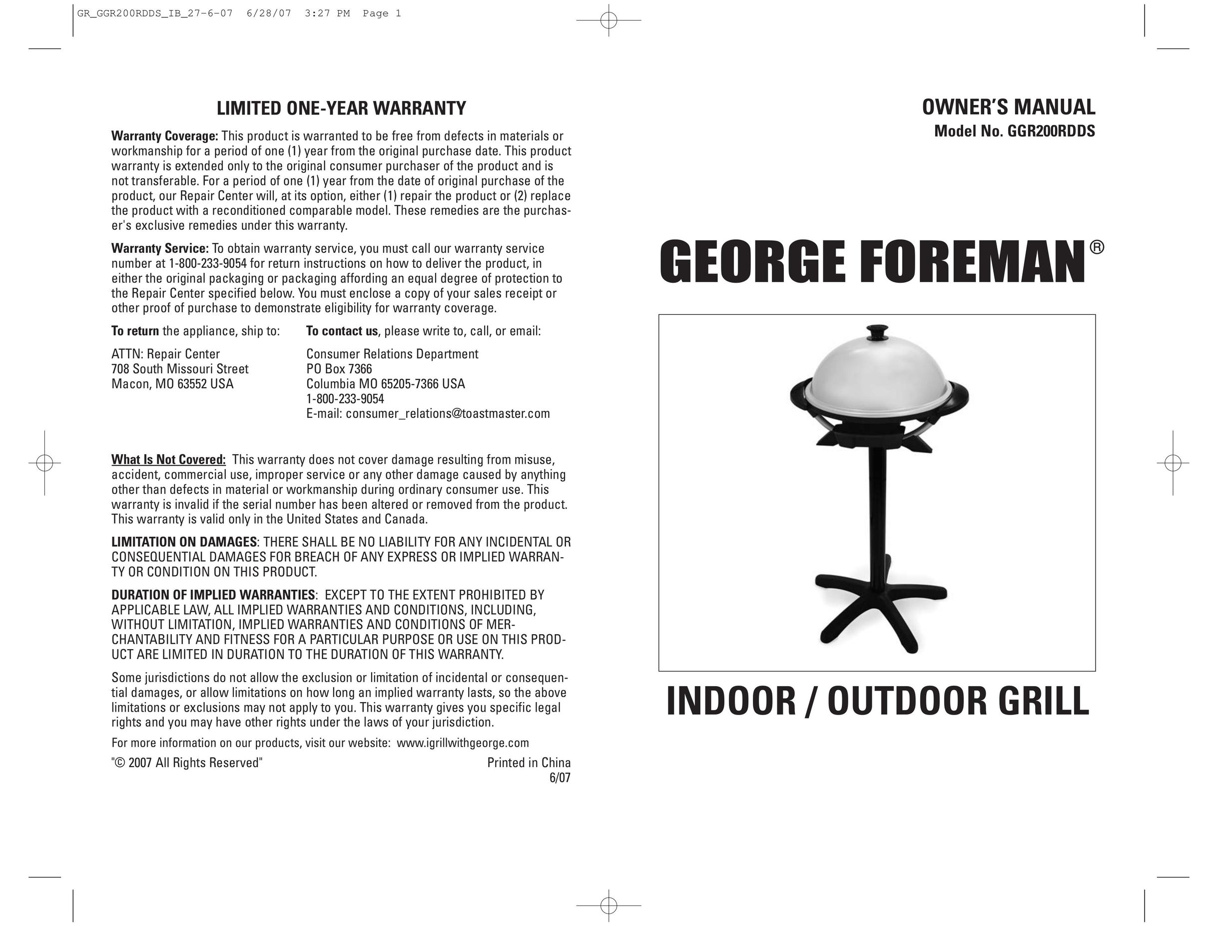 George Foreman GGR200RDDS Kitchen Grill User Manual