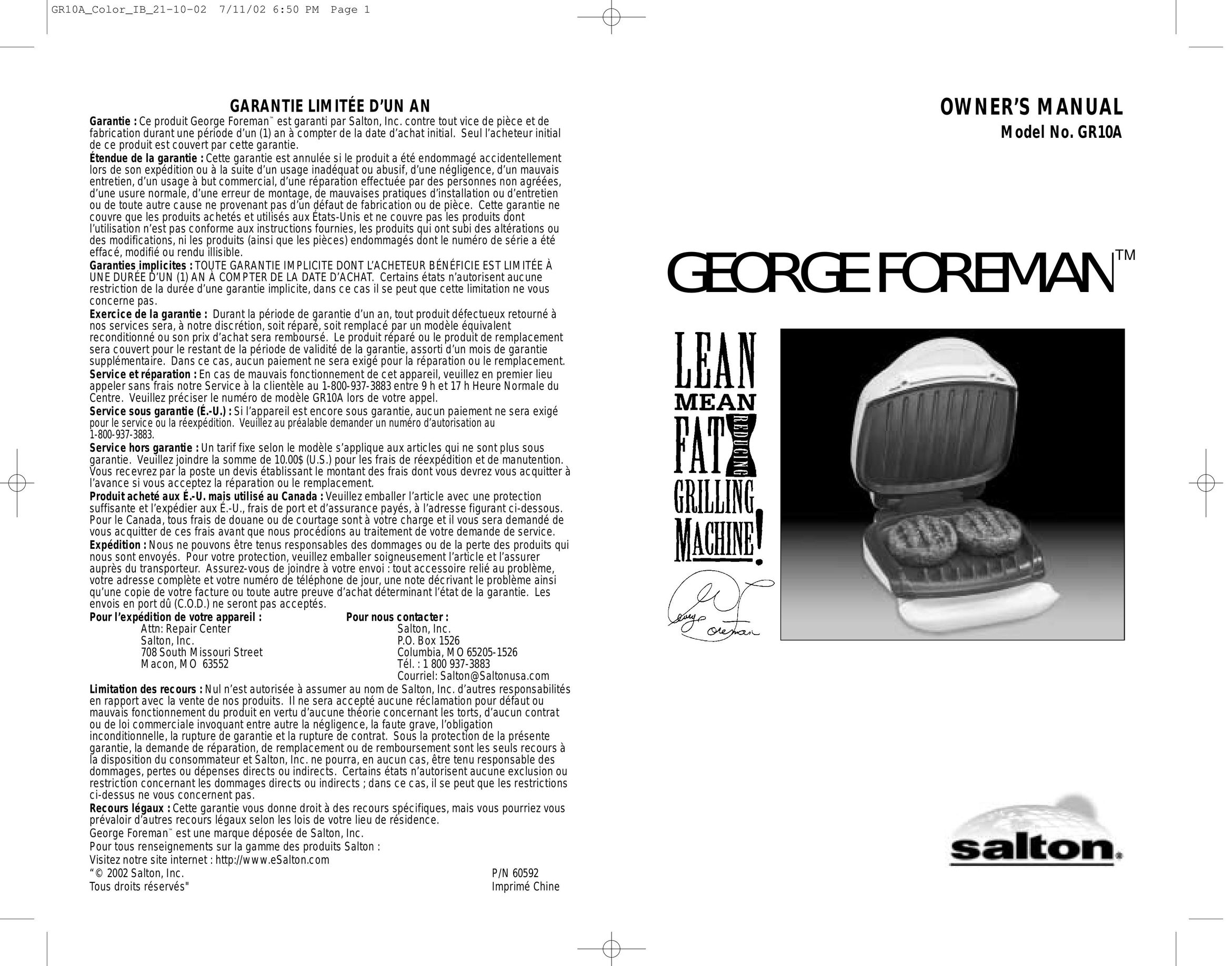 George Foreman GR10A Kitchen Grill User Manual