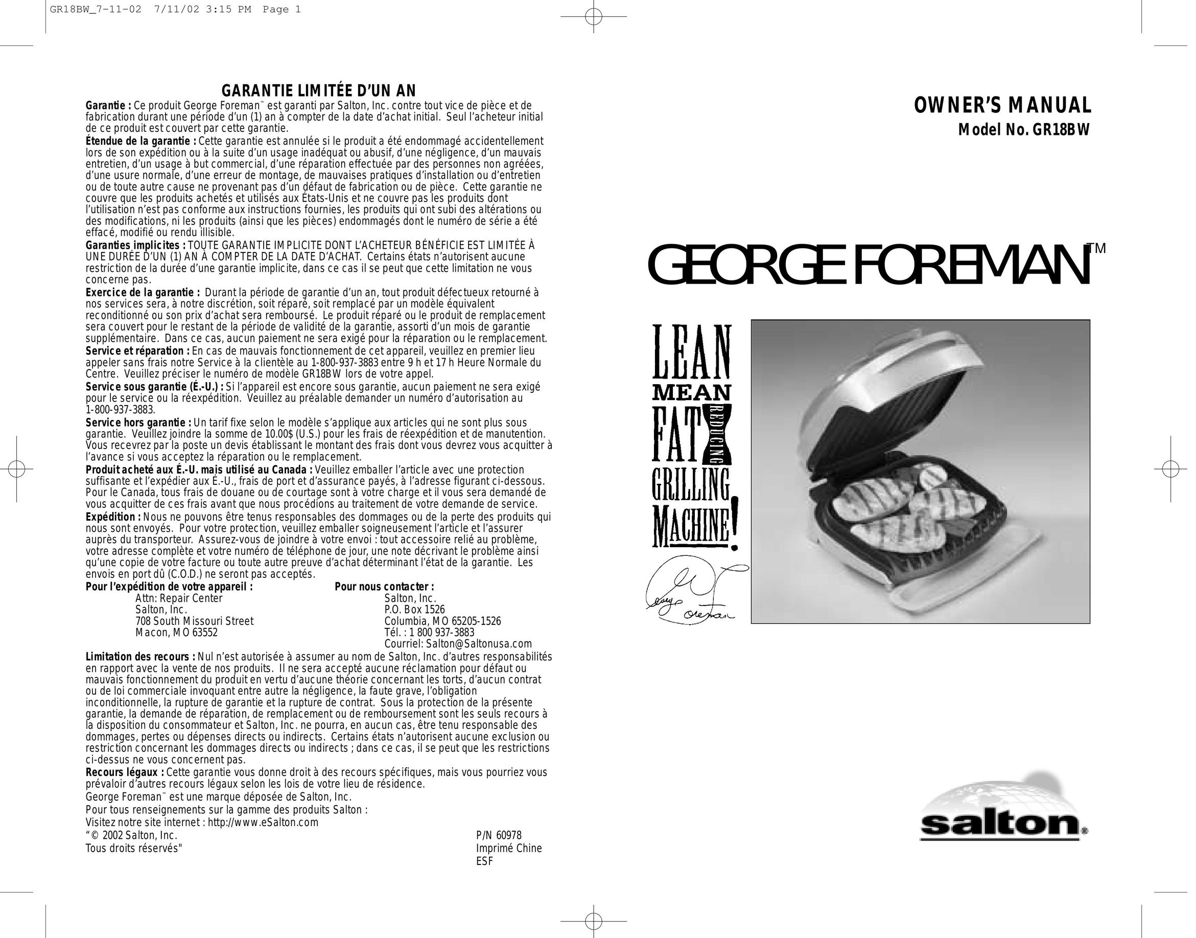 George Foreman GR18BW Kitchen Grill User Manual