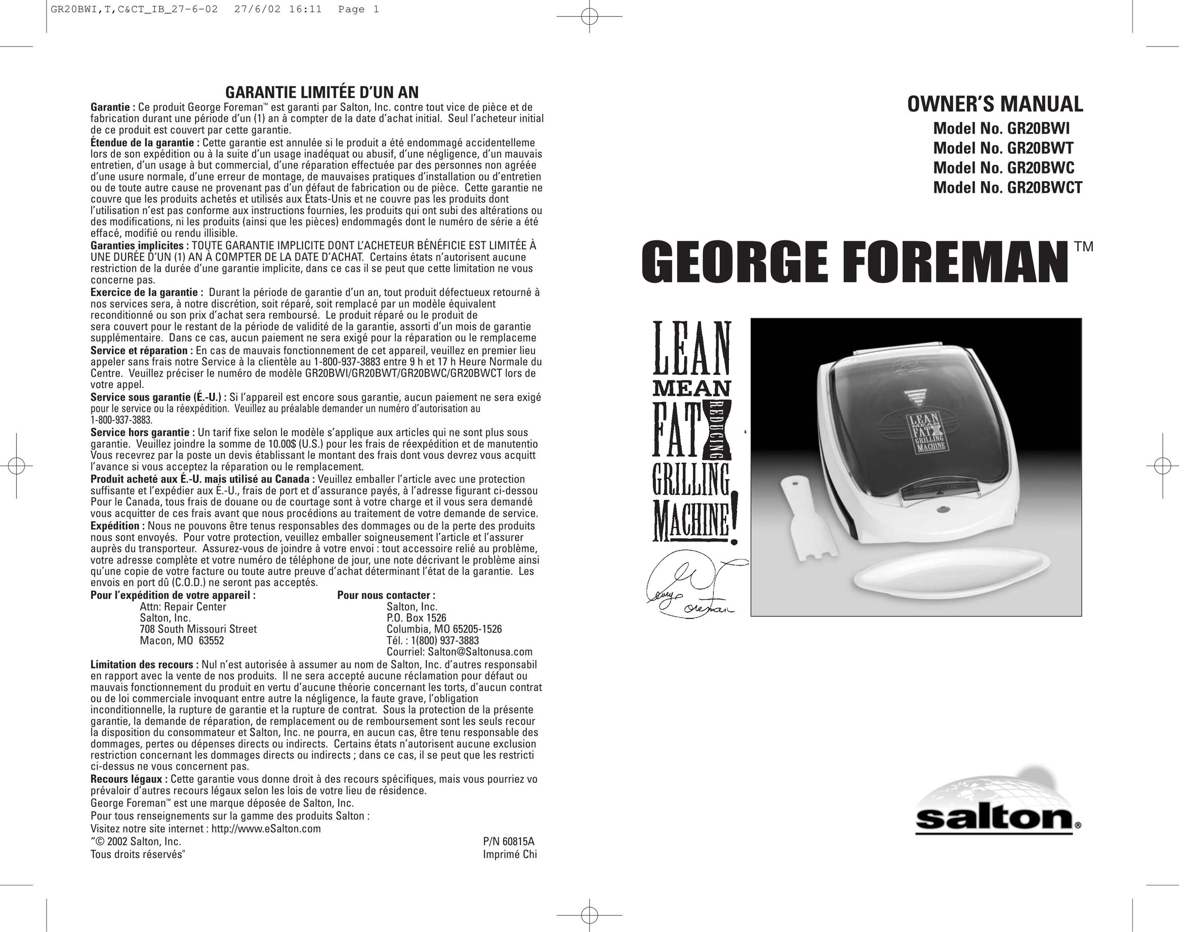 George Foreman GR20BWCT Kitchen Grill User Manual