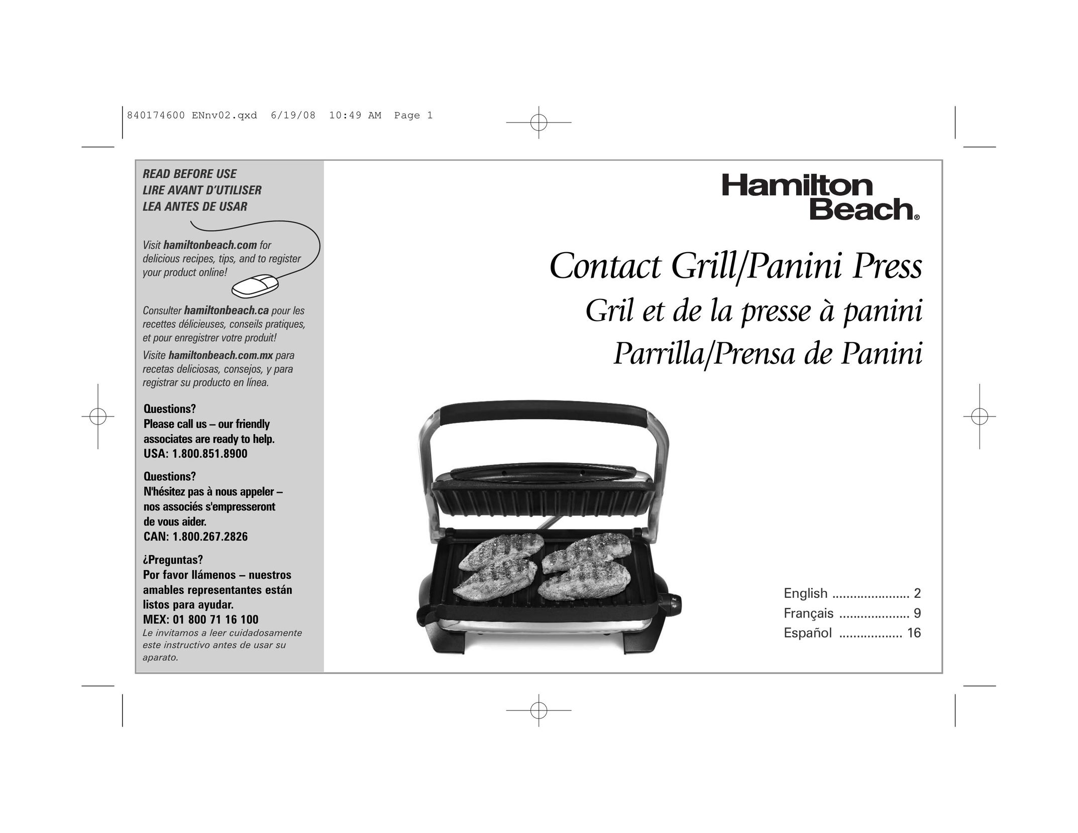 Hamilton Beach 840174600 Kitchen Grill User Manual