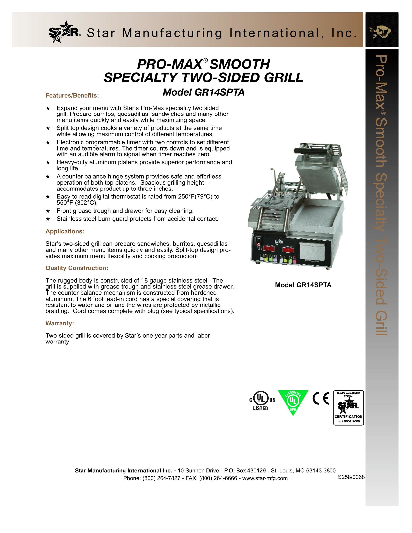 Star Manufacturing GR14SPTA Kitchen Grill User Manual