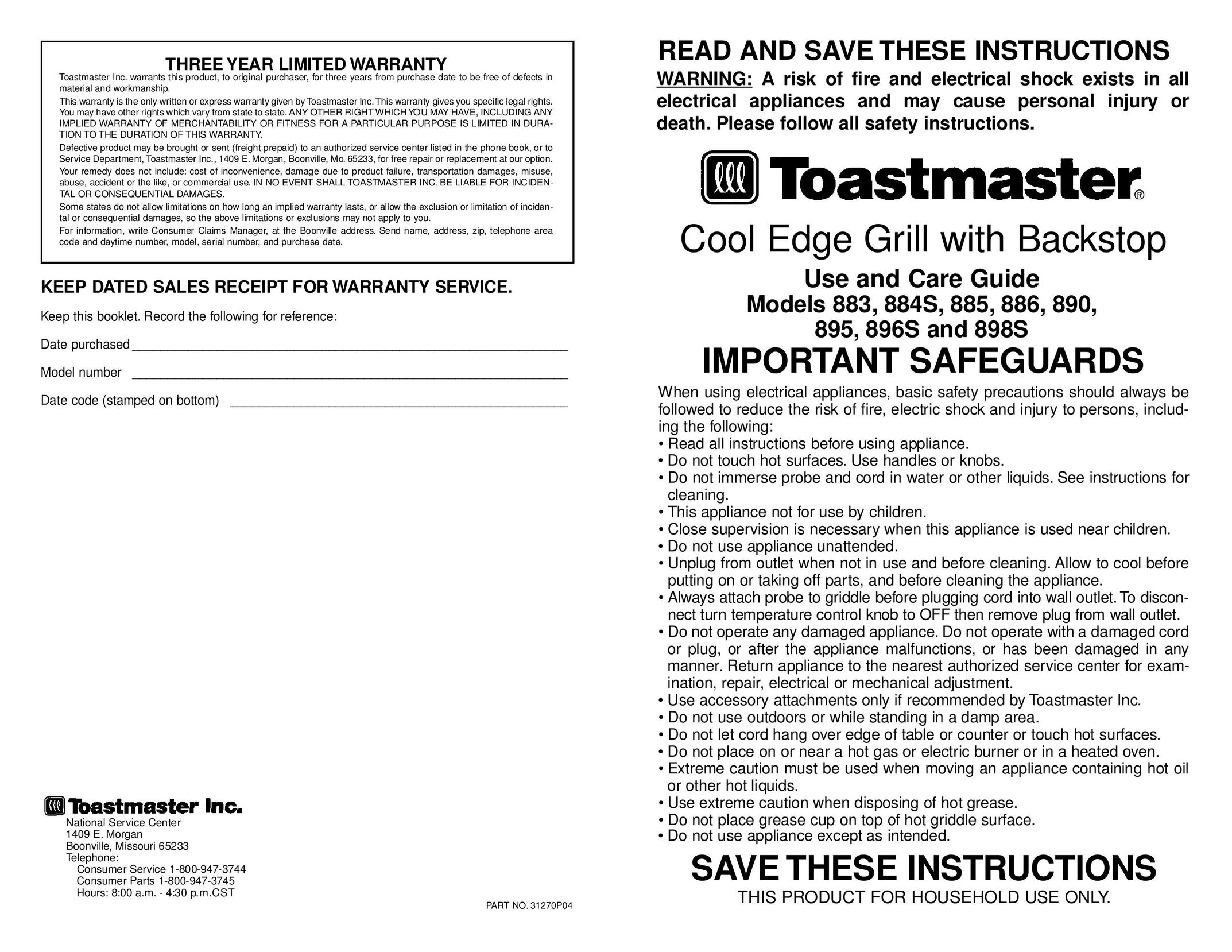 Toastmaster 896S, 898S Kitchen Grill User Manual