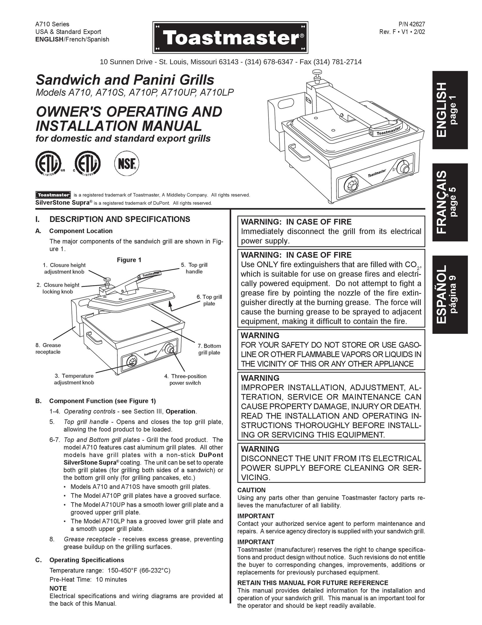 Toastmaster A710S Kitchen Grill User Manual
