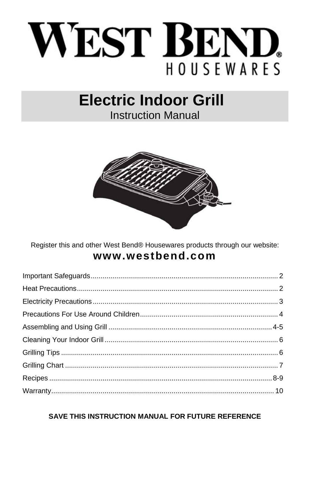 West Bend Electric Indoor Grill Kitchen Grill User Manual
