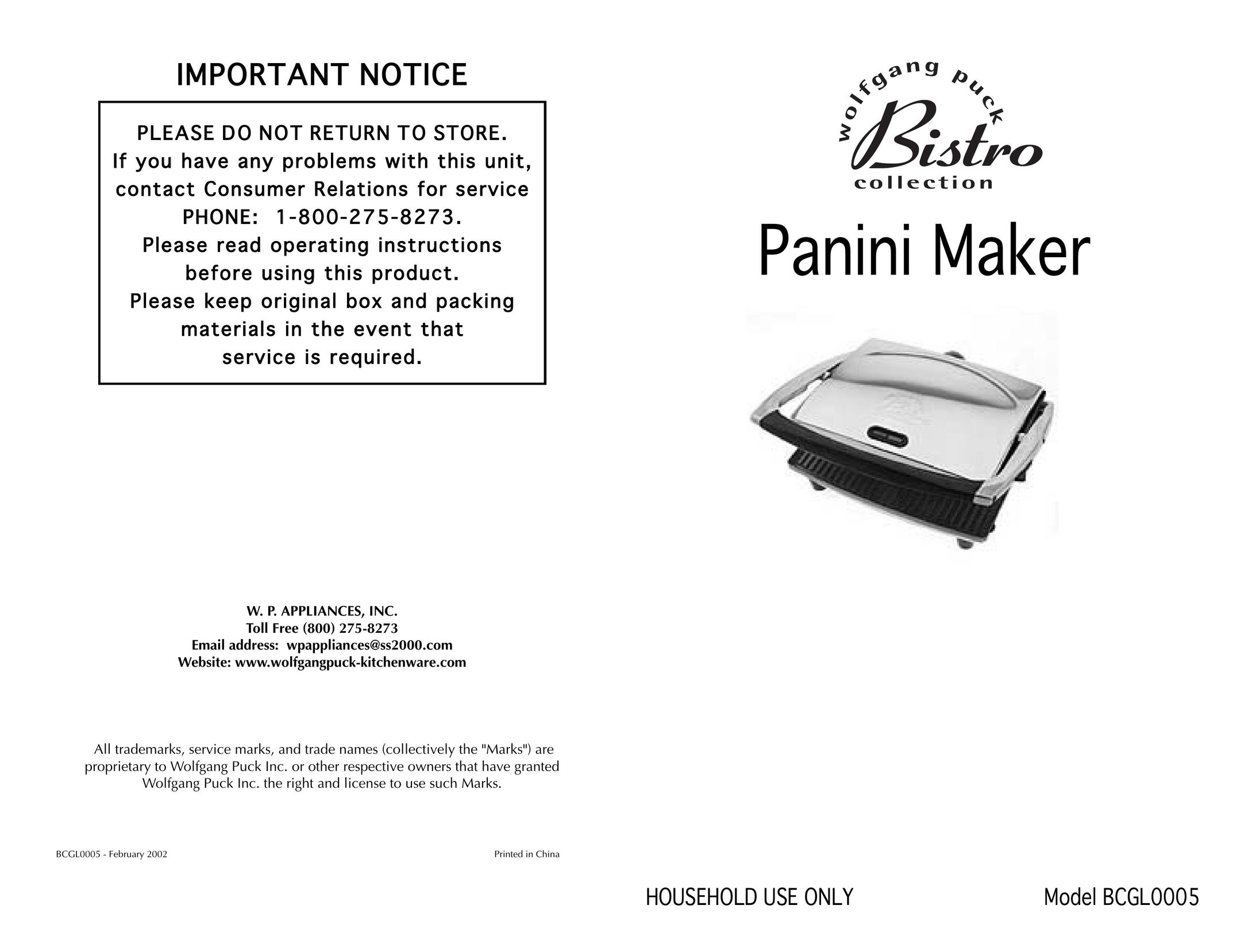Wolfgang Puck BCGL0005 Kitchen Grill User Manual