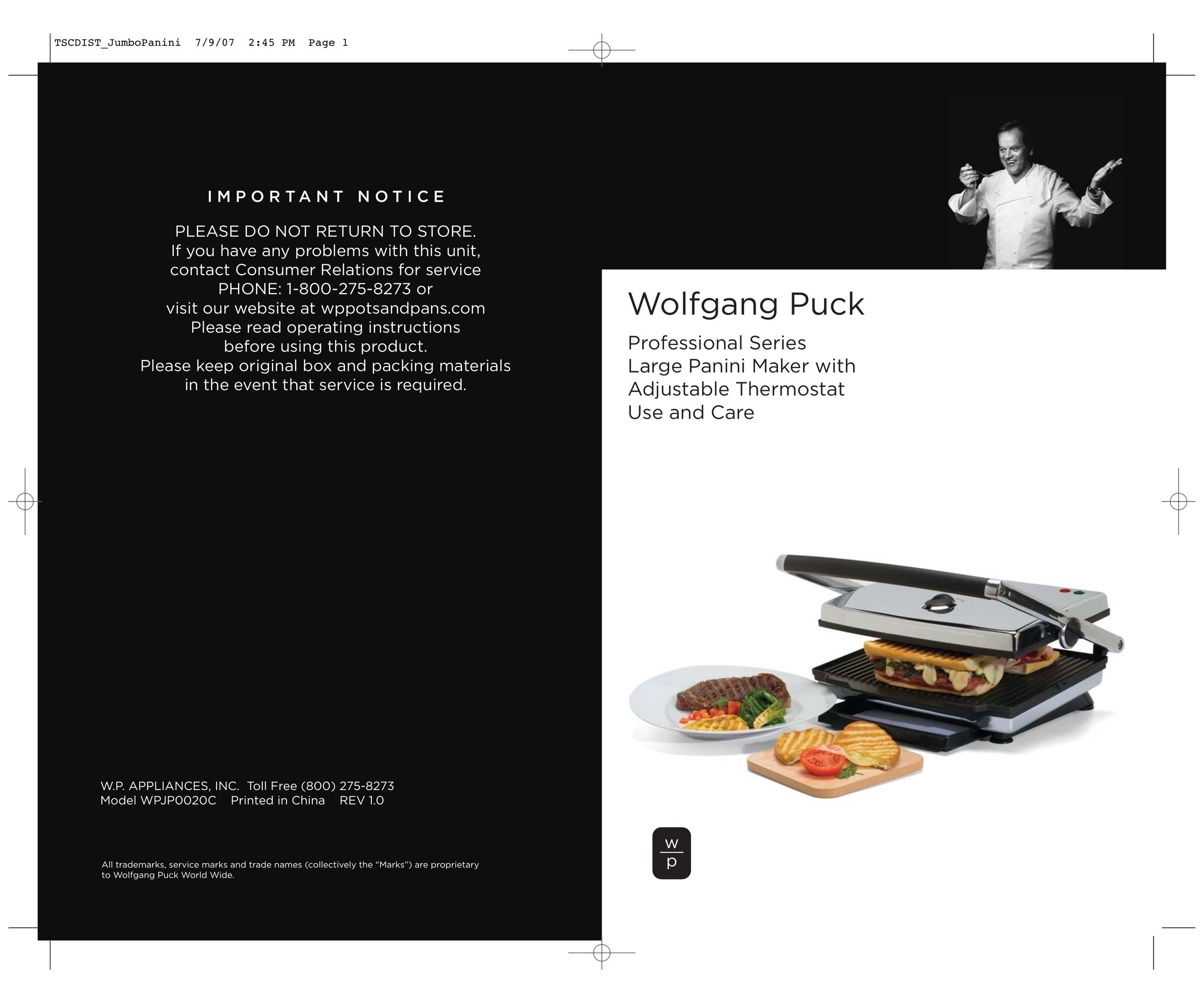Wolfgang Puck WPJP0020C Kitchen Grill User Manual