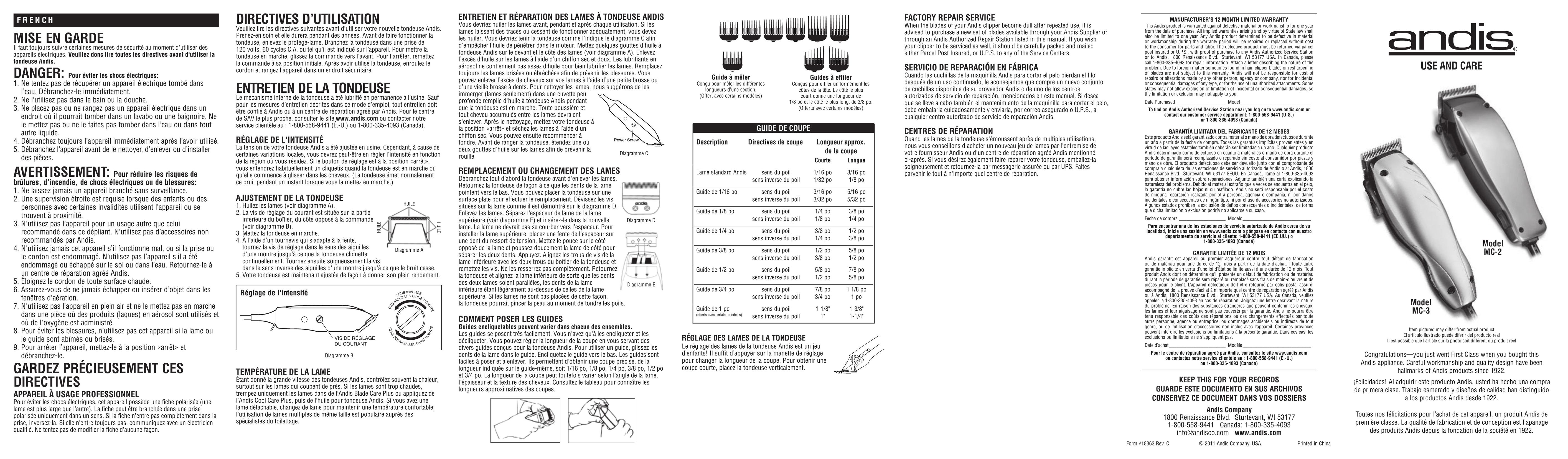 Andis Company MC-2 Kitchen Utensil User Manual
