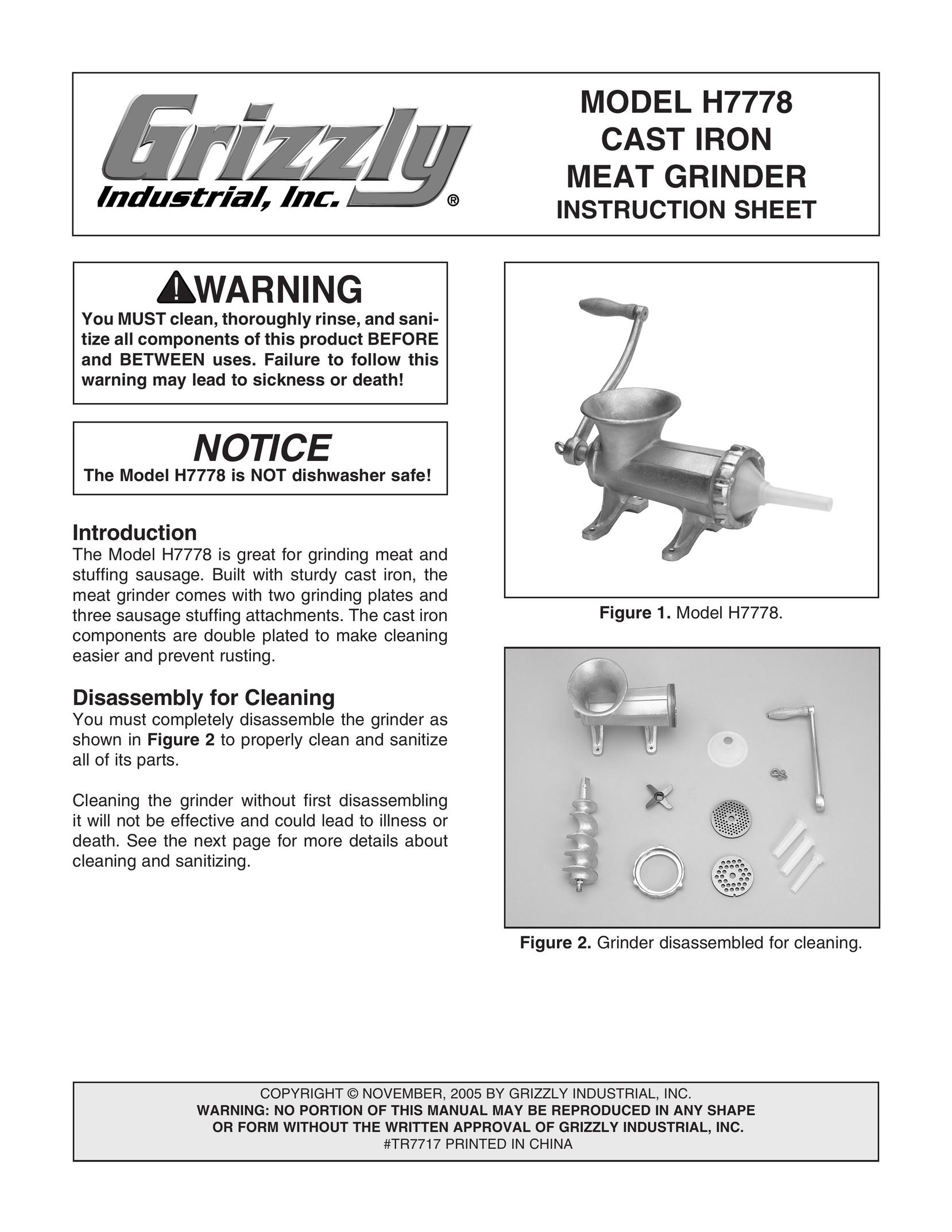 Grizzly H7778 Meat Grinder User Manual