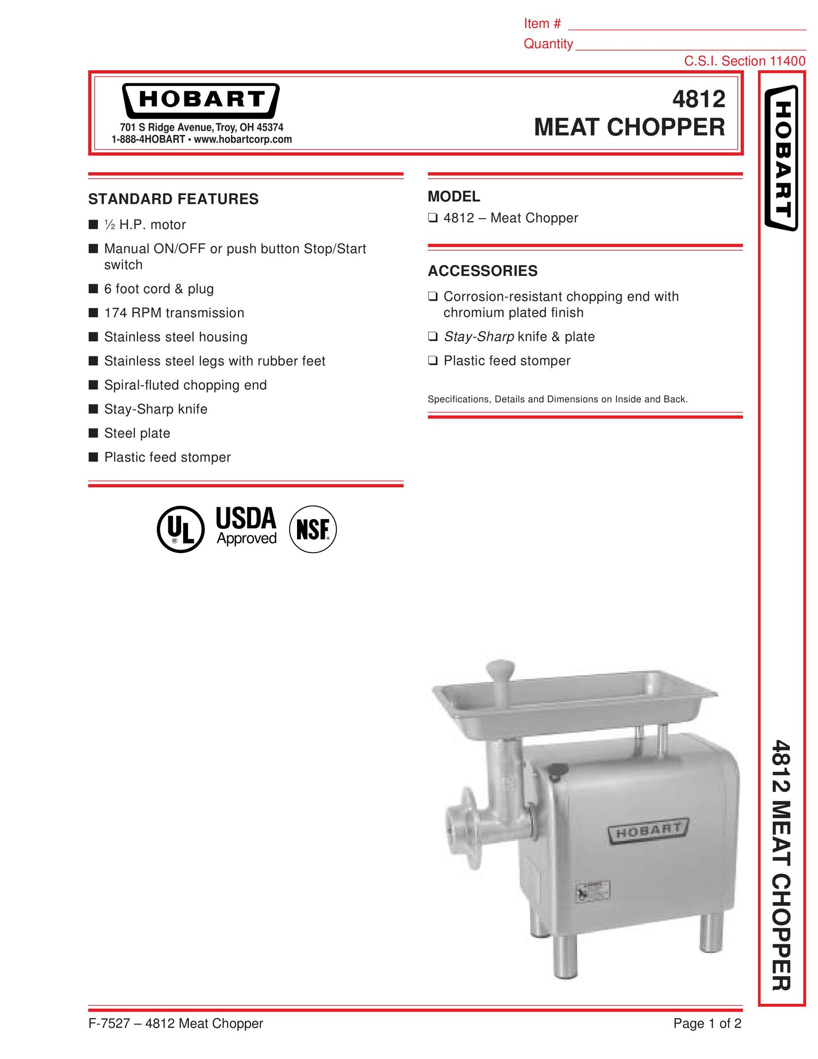 Hobart 4812 Meat Grinder User Manual