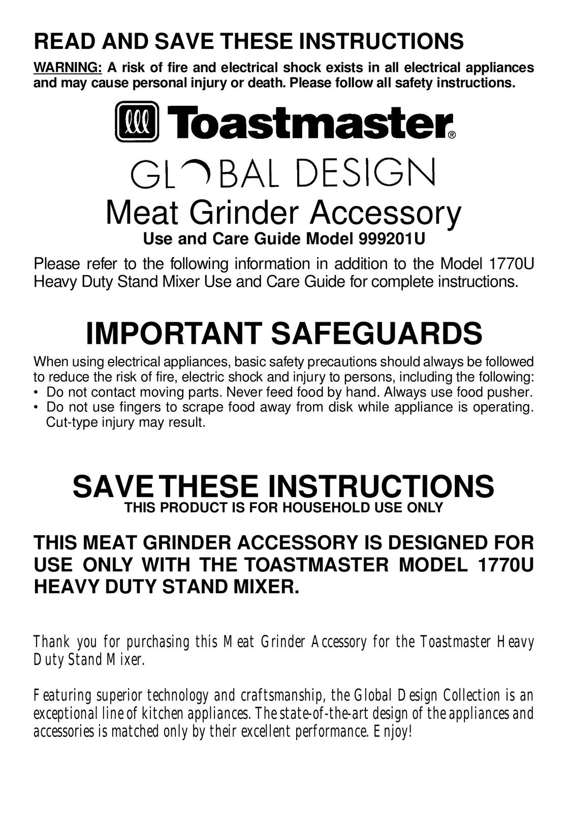 Toastmaster 999201U Meat Grinder User Manual