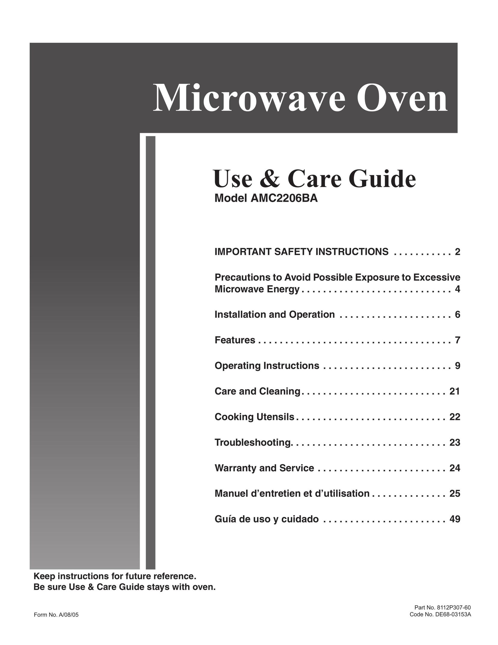 Amana AMC2206BA Microwave Oven User Manual