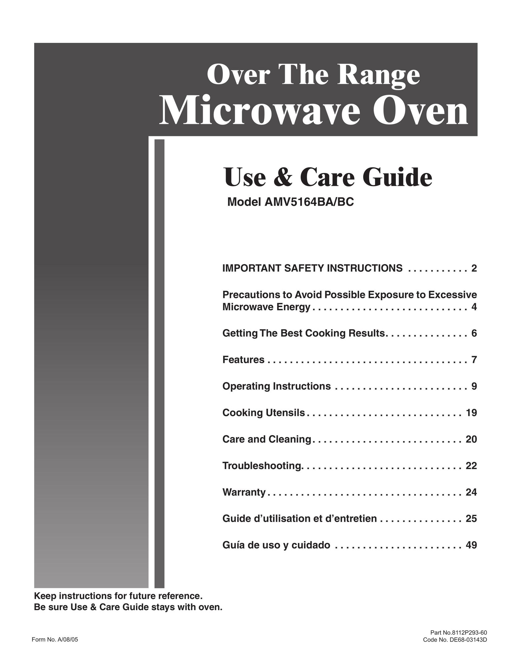 Amana AMV5164BA/BC Microwave Oven User Manual