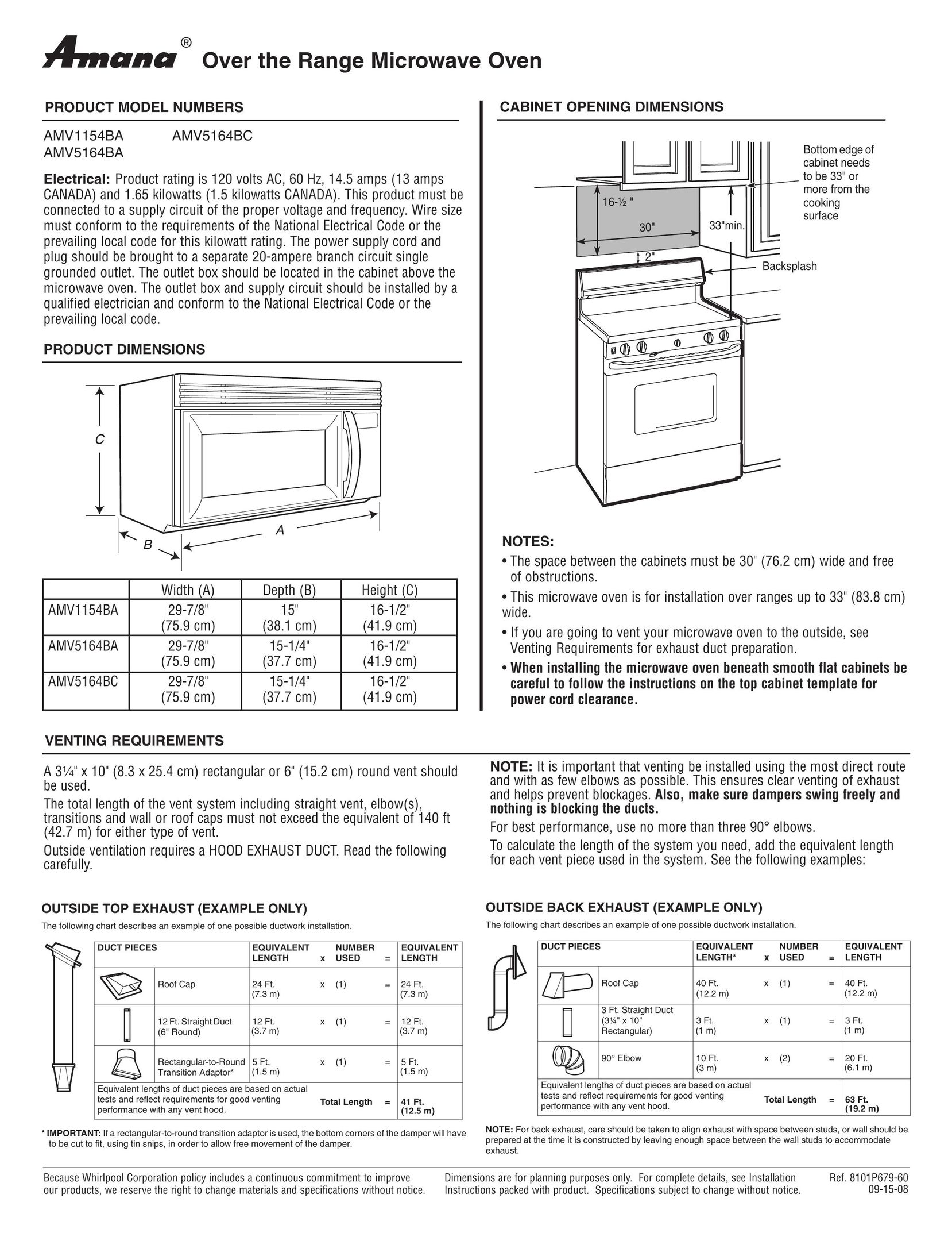 Amana AMV5164BC Microwave Oven User Manual