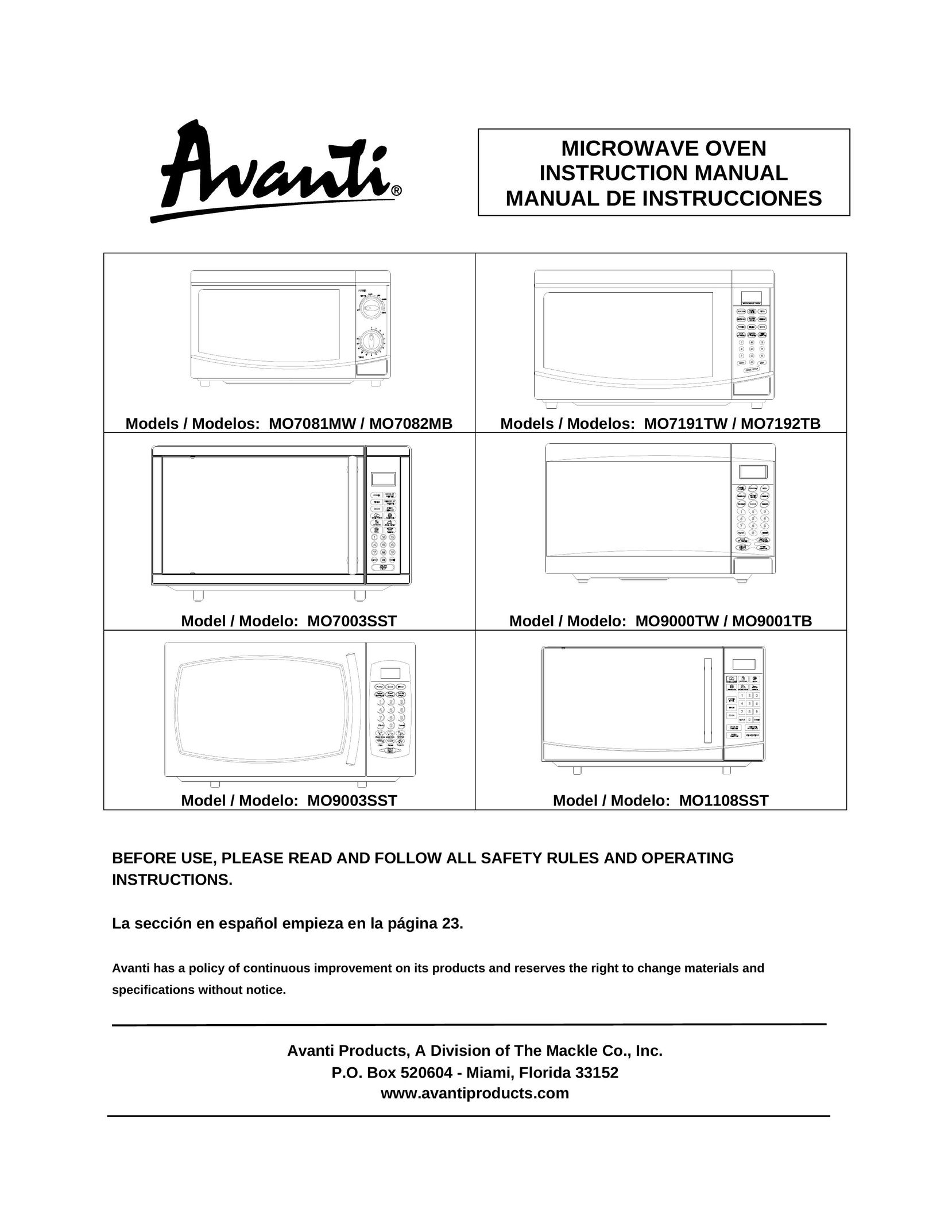 Avanti MO9001TB Microwave Oven User Manual