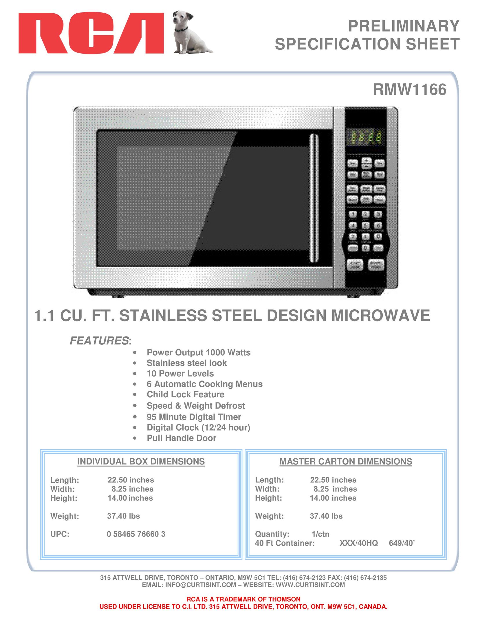 Curtis RMW1166 Microwave Oven User Manual