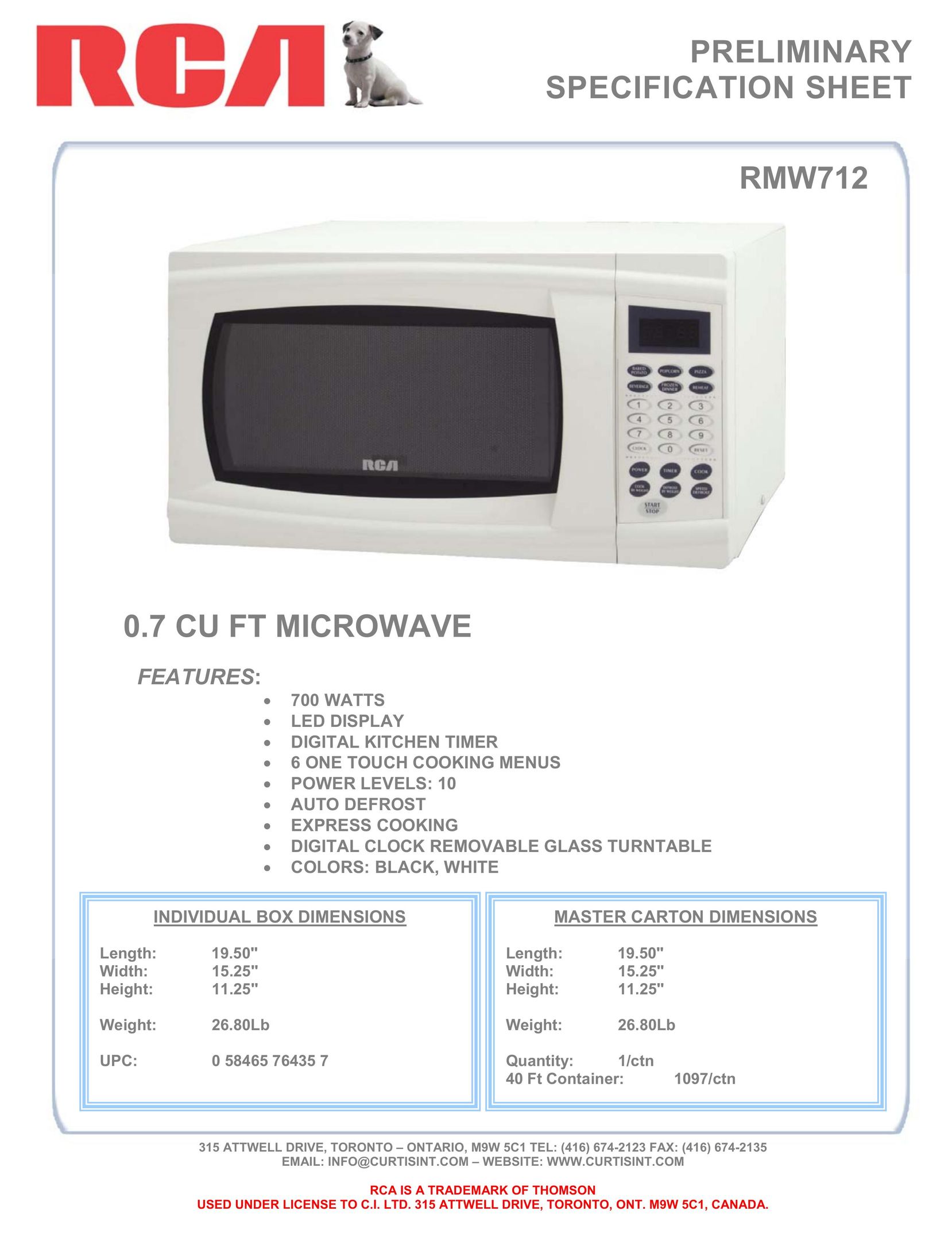Curtis RMW712 Microwave Oven User Manual