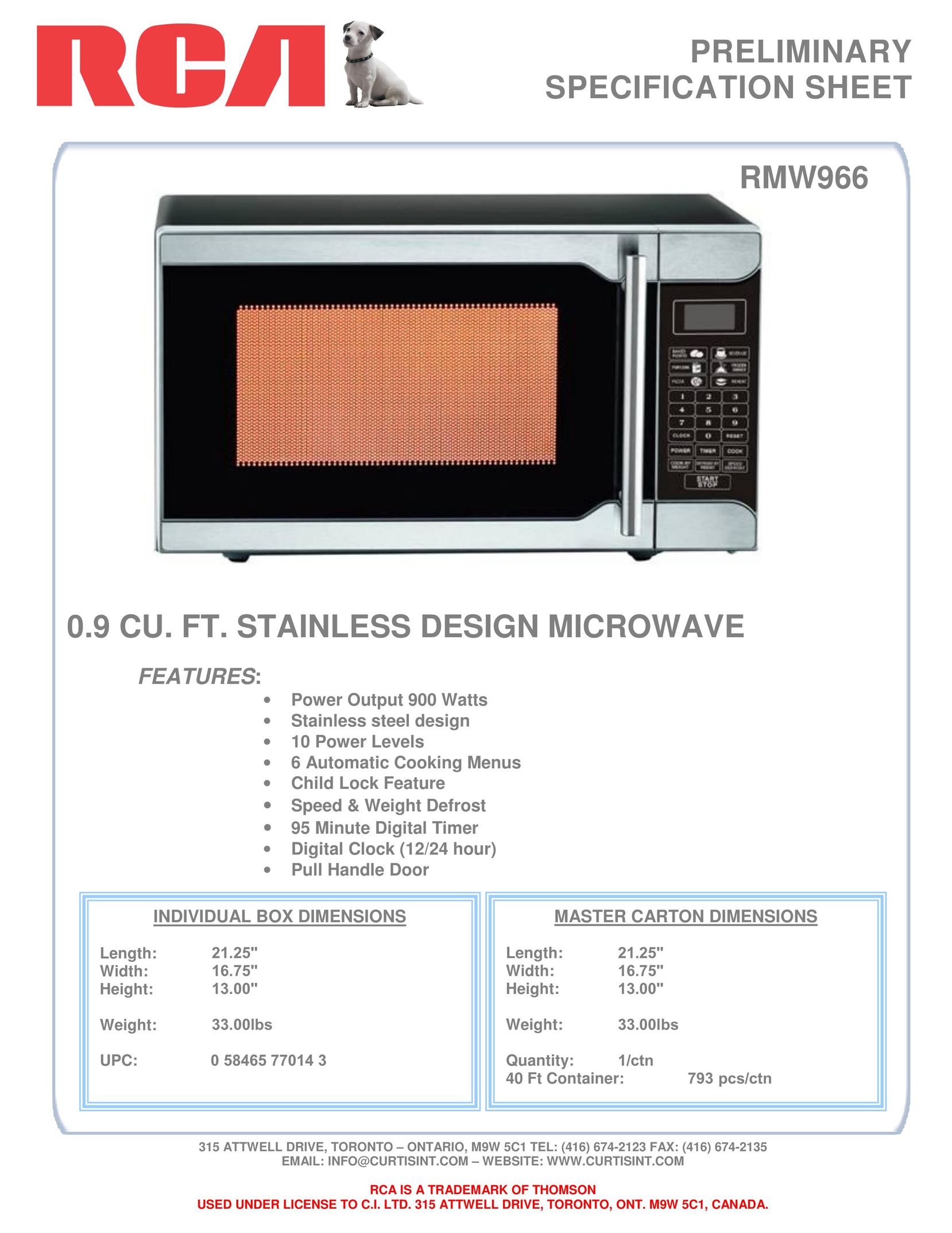Curtis RMW966 Microwave Oven User Manual