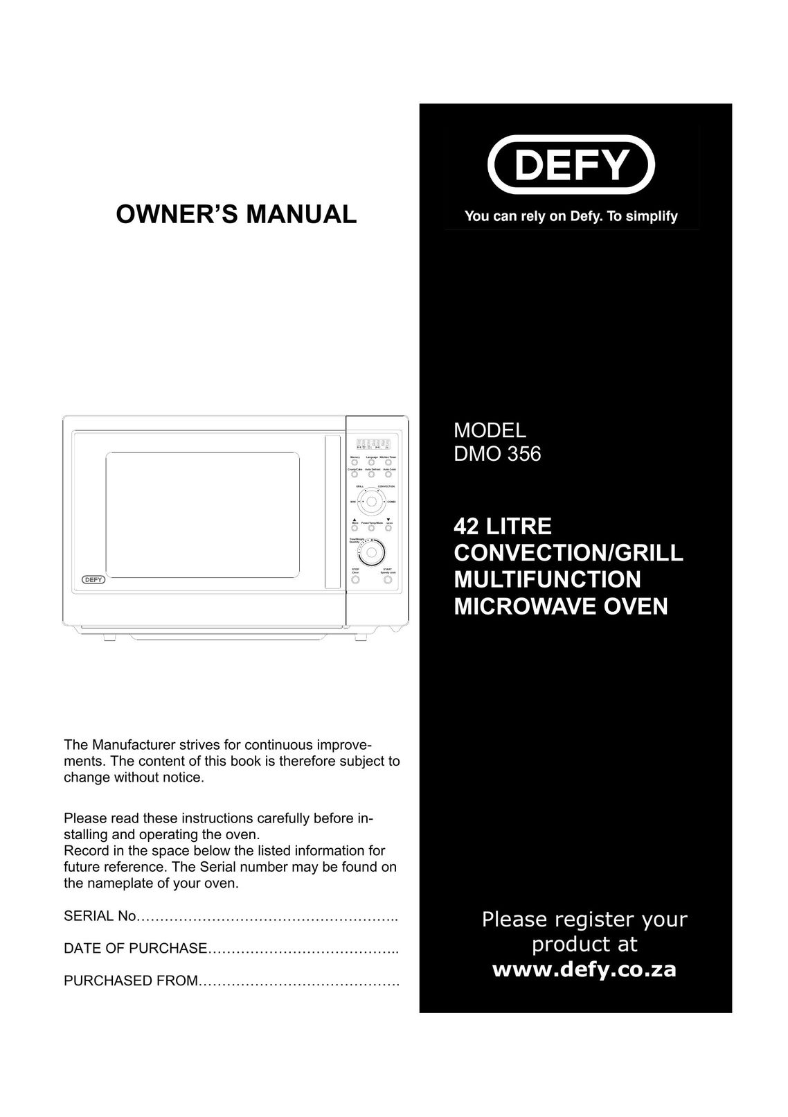 Defy Appliances DMO 356 Microwave Oven User Manual