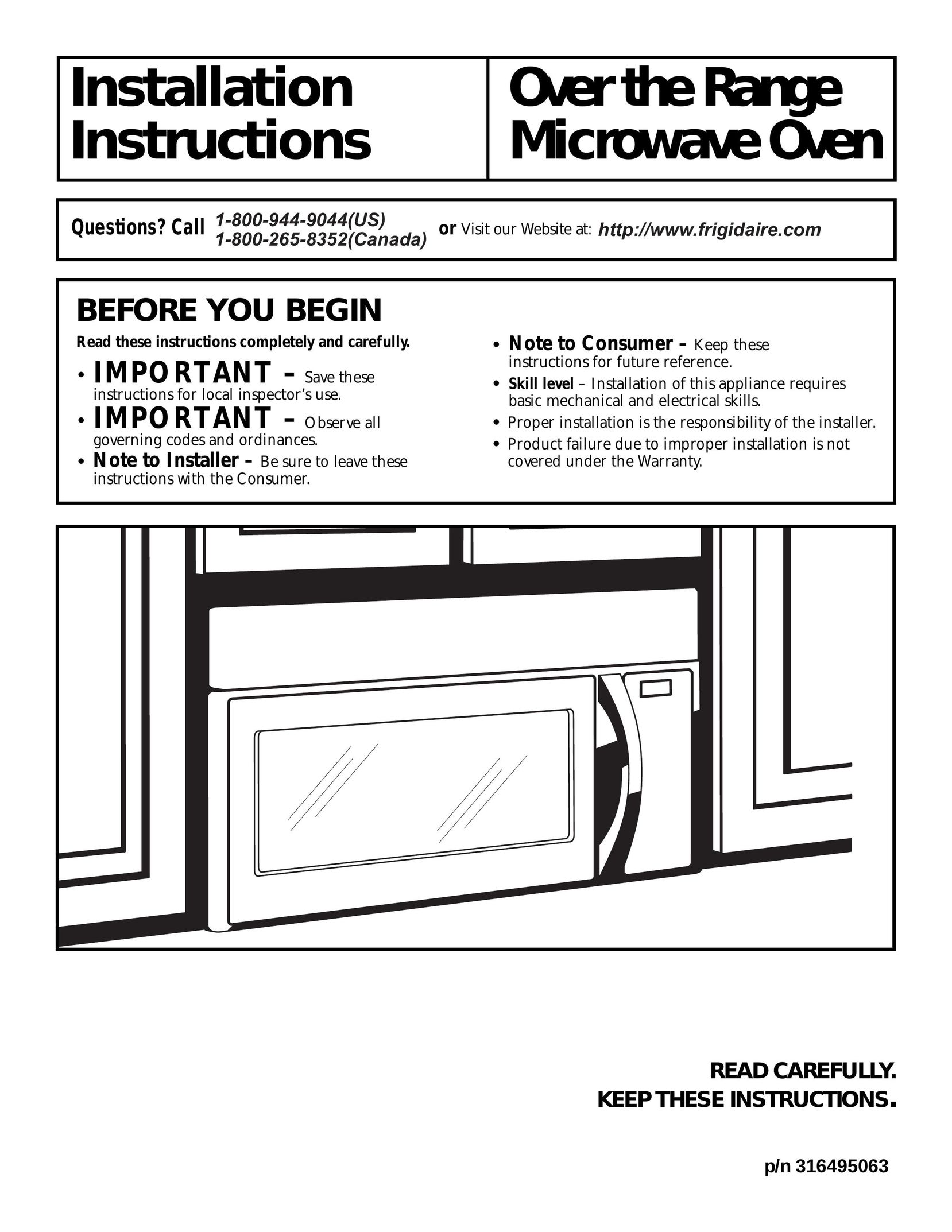 Frigidaire 316495063 Microwave Oven User Manual