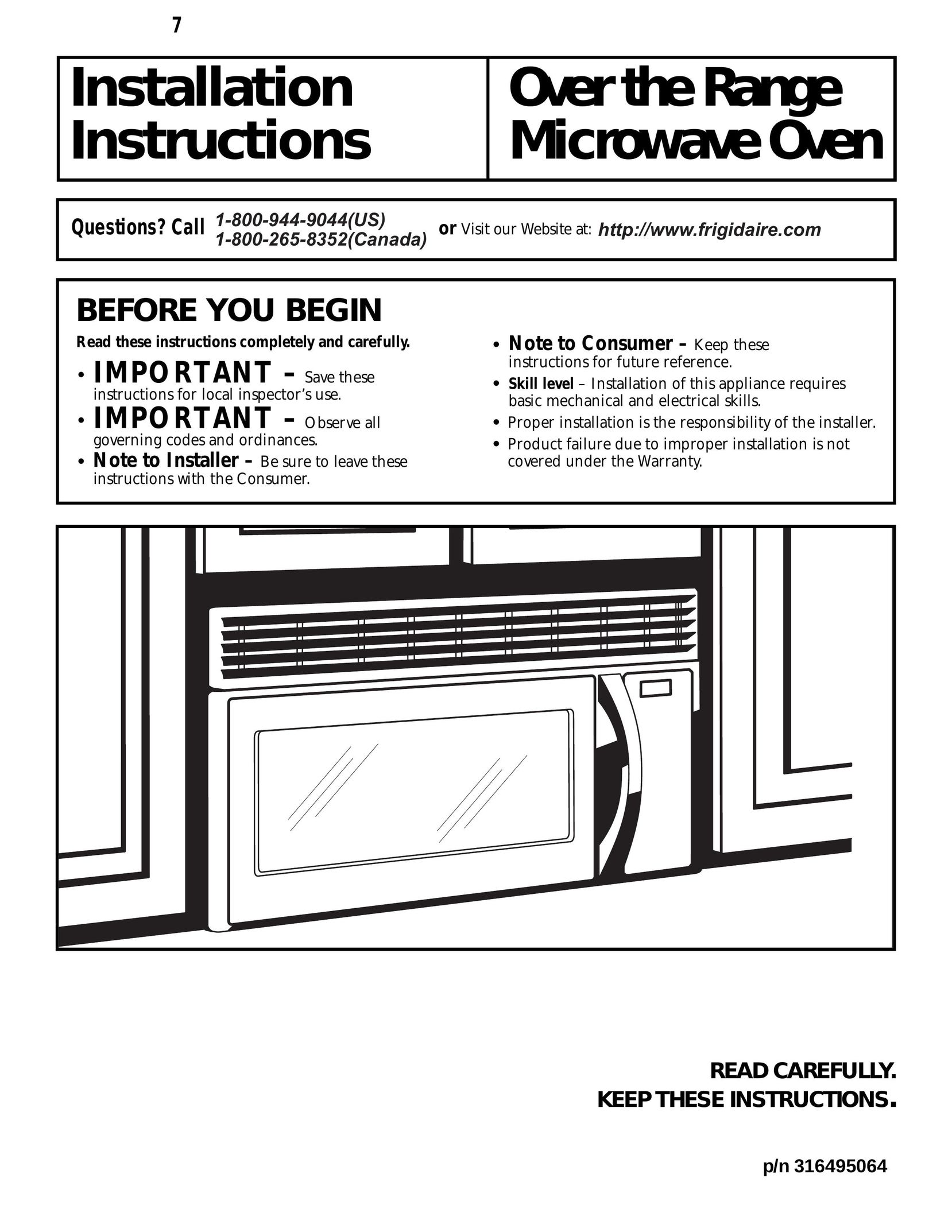 Frigidaire 316495064 Microwave Oven User Manual