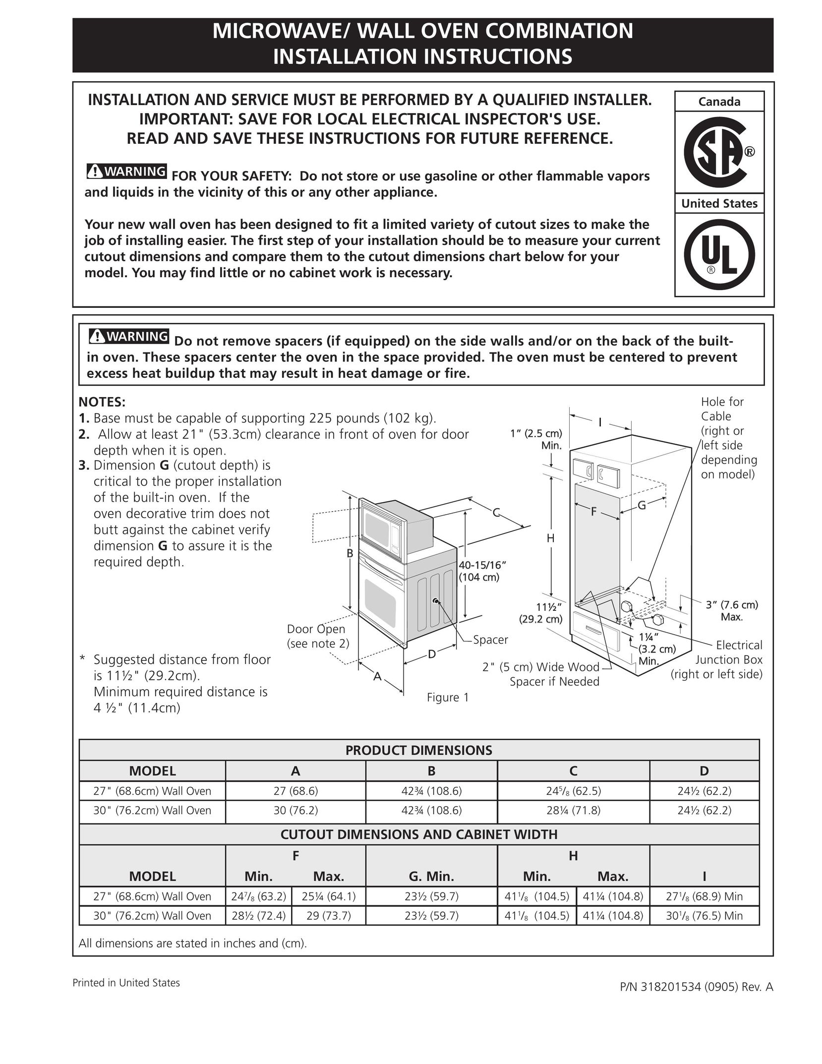 Frigidaire 318201534 Microwave Oven User Manual