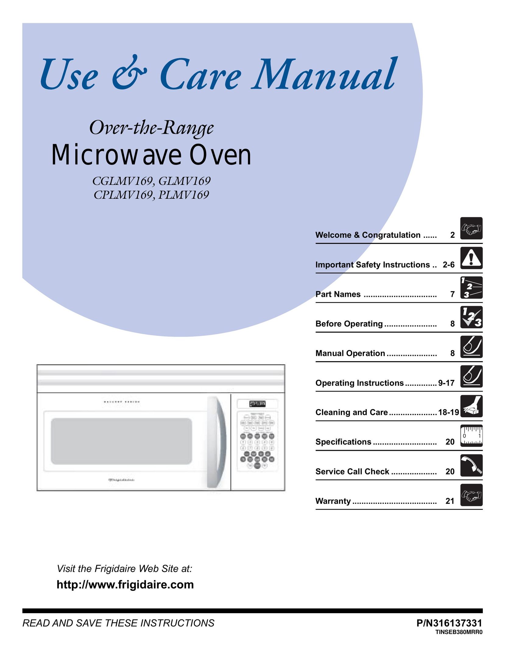 Frigidaire CGLMV169 Microwave Oven User Manual