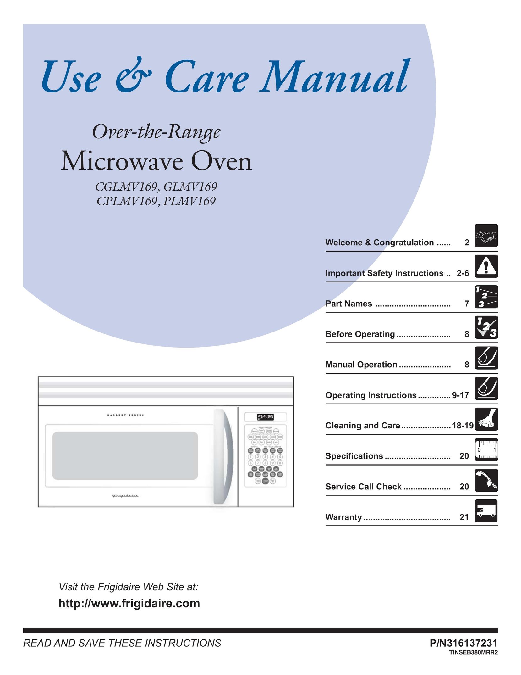 Frigidaire CGLMV169, GLMV169, CPMLV169, PLMV169 Microwave Oven User Manual