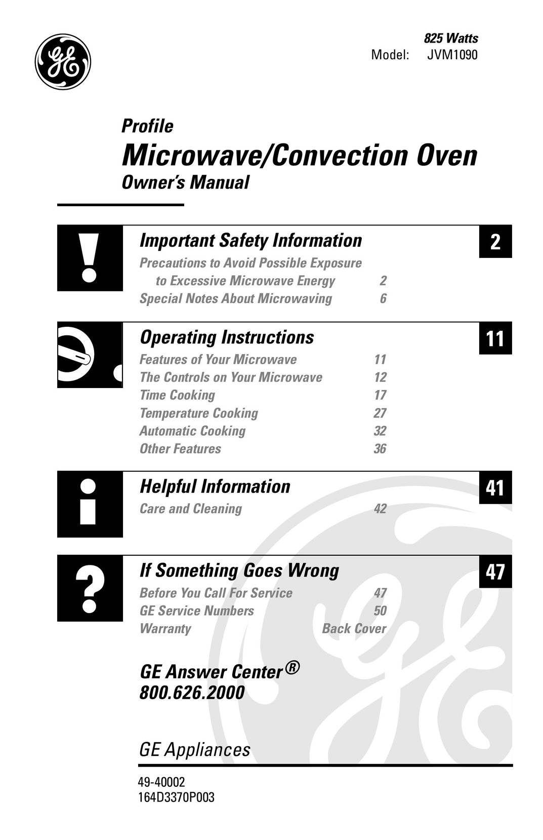 GE 164D3370P003 Microwave Oven User Manual