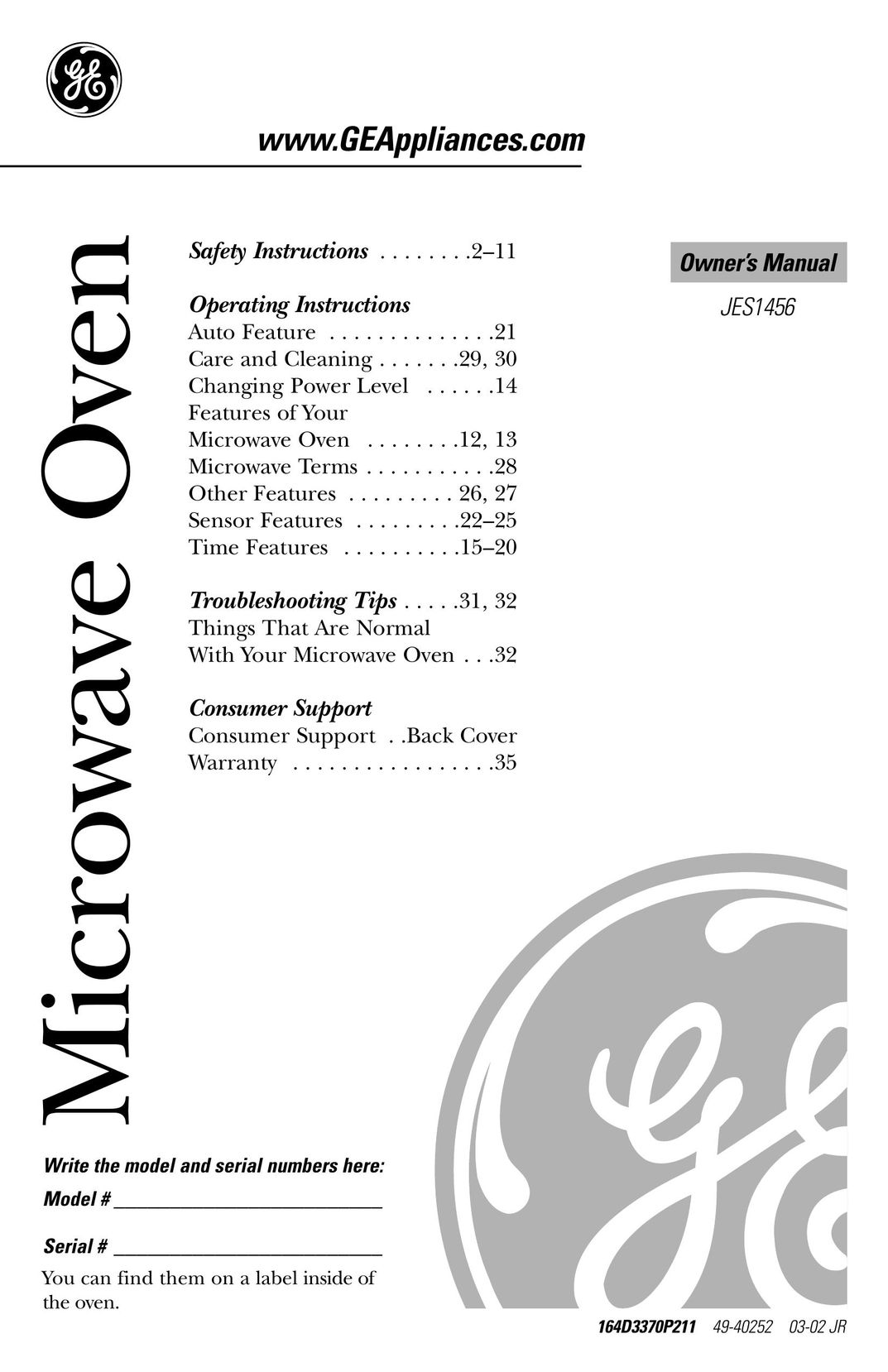 GE 164D3370P211 Microwave Oven User Manual
