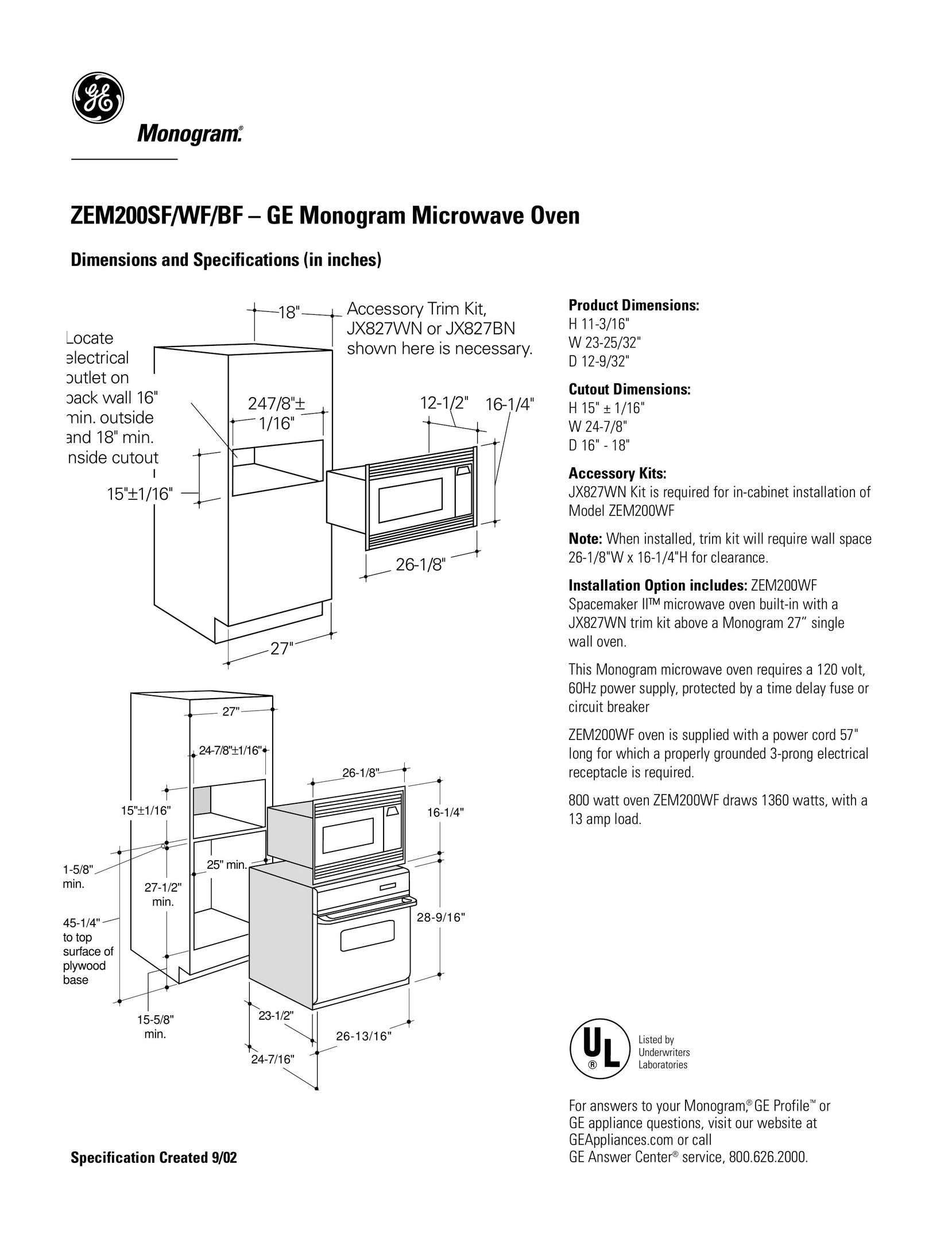 GE Monogram ZEM200WF Microwave Oven User Manual