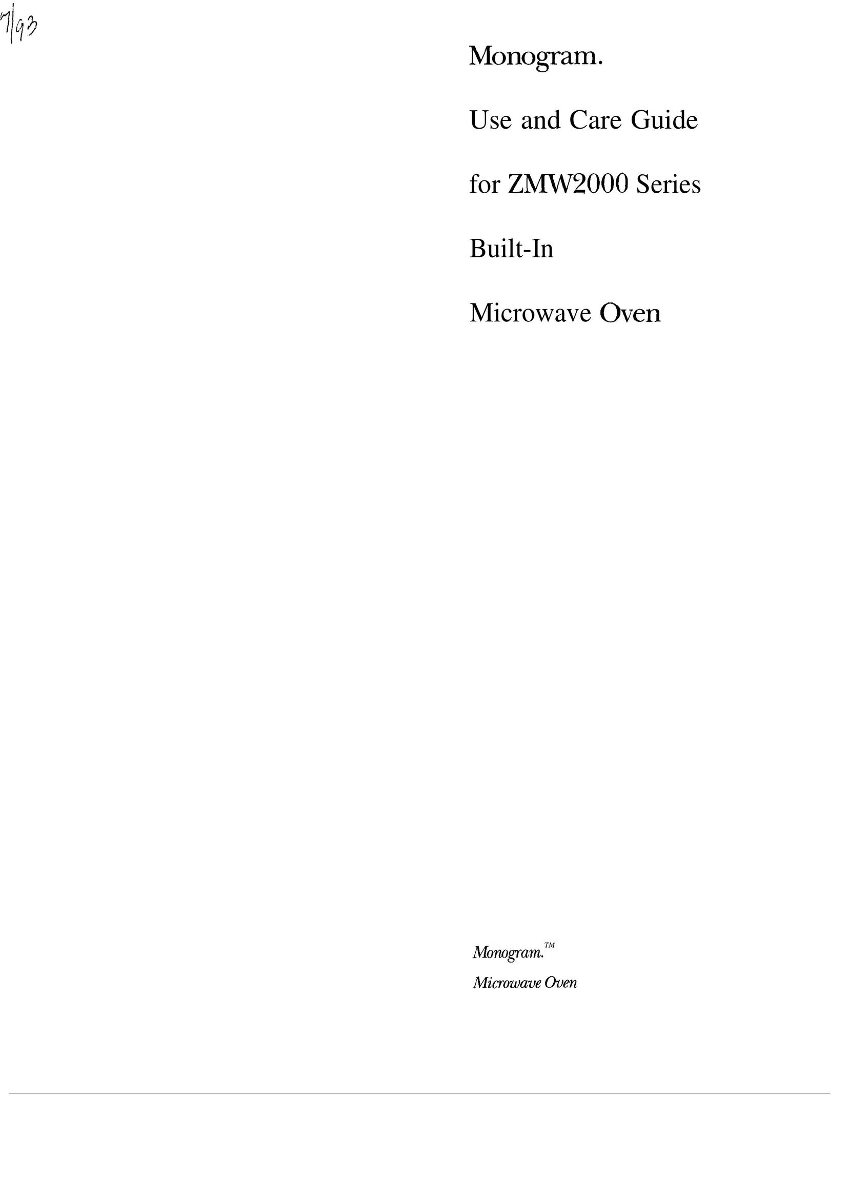 GE Monogram ZW2000 Microwave Oven User Manual