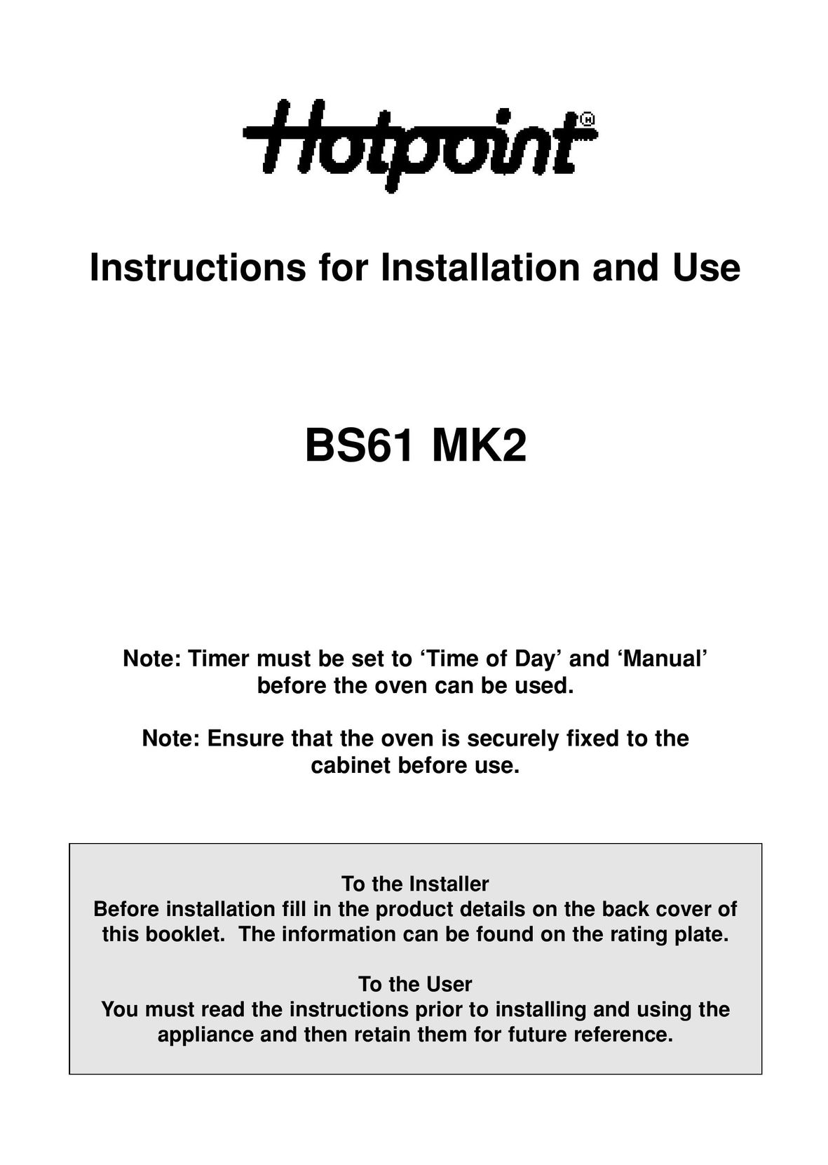 Hotpoint BS61 MK2 Microwave Oven User Manual