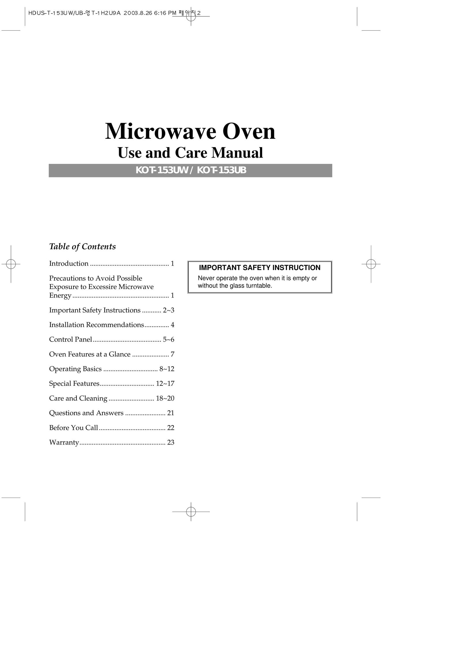 Magic Chef KOT-153UB Microwave Oven User Manual