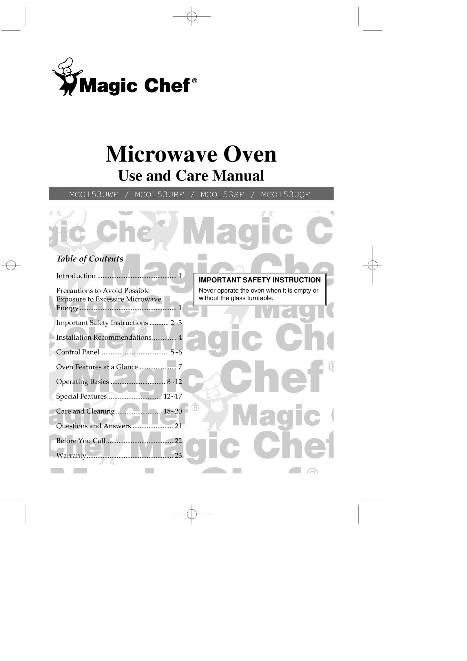 Magic Chef MCO153UQF Microwave Oven User Manual