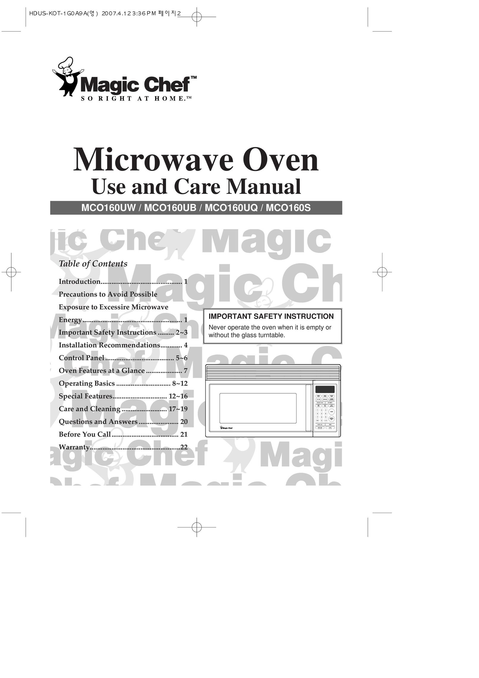 Magic Chef MCO160S Microwave Oven User Manual